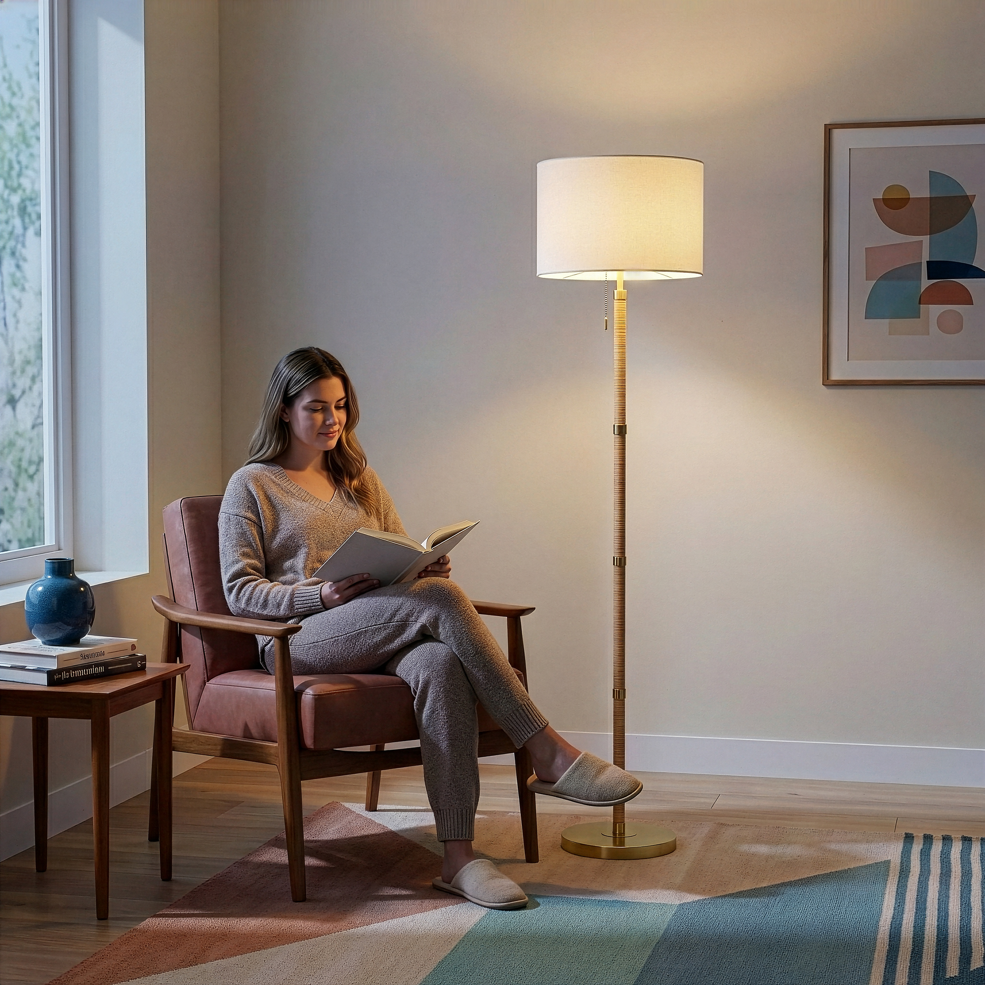 Stellar Wood and Rattan Floor Lamp | Gold Brass Accents and White Linen Shade