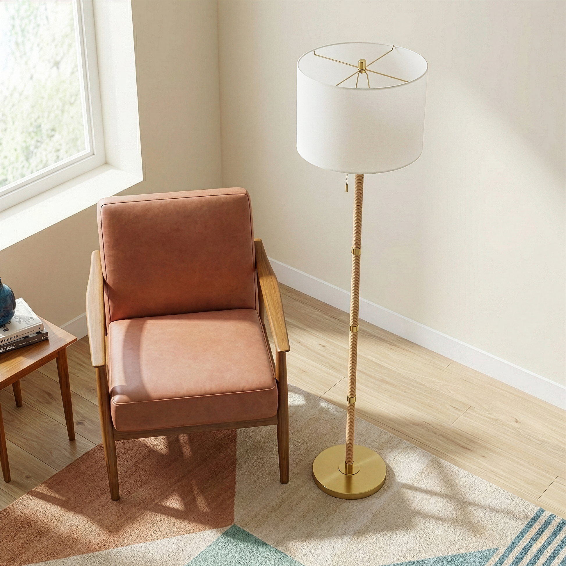Stellar Wood and Rattan Floor Lamp | Gold Brass Accents and White Linen Shade