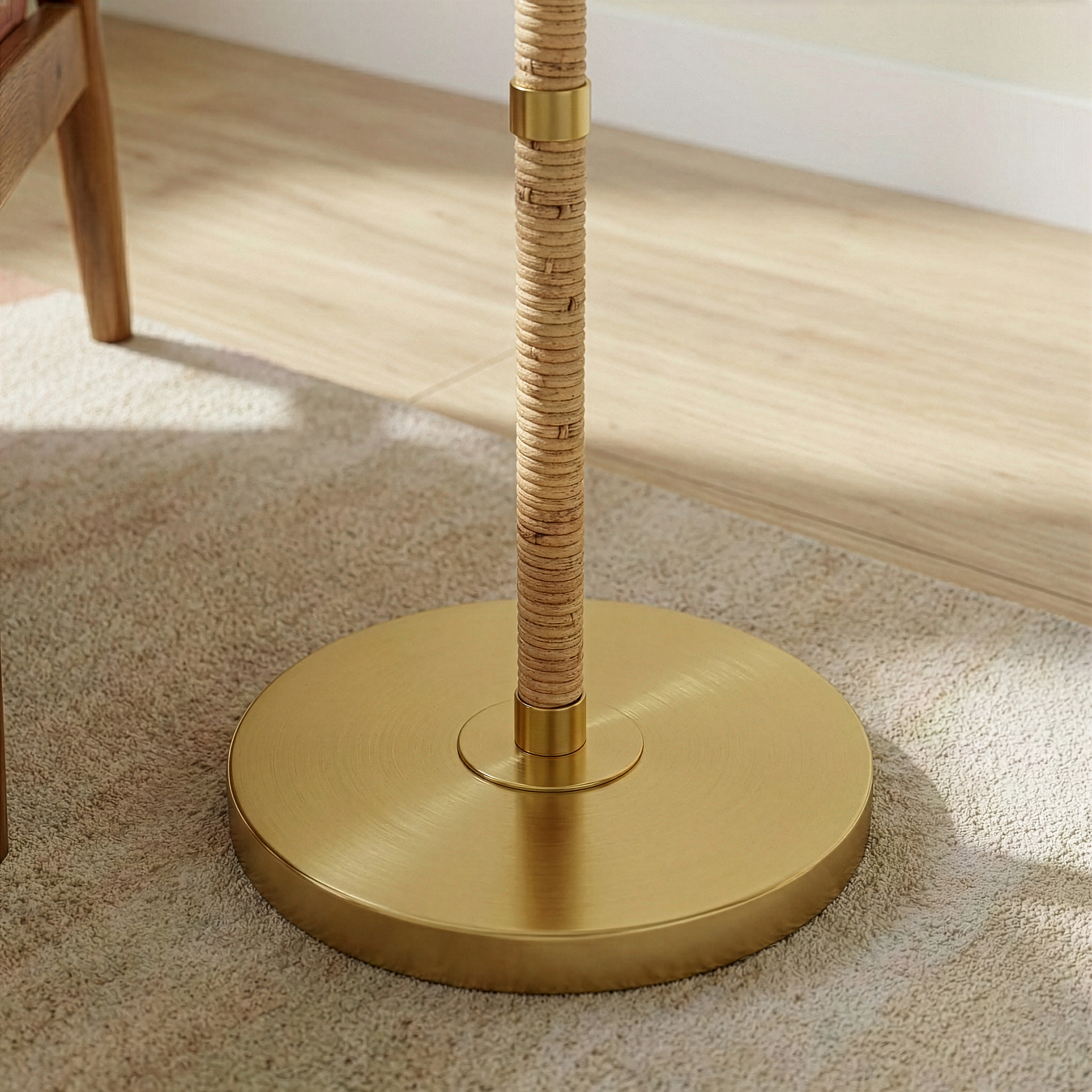 Stellar Wood and Rattan Floor Lamp | Gold Brass Accents and White Linen Shade