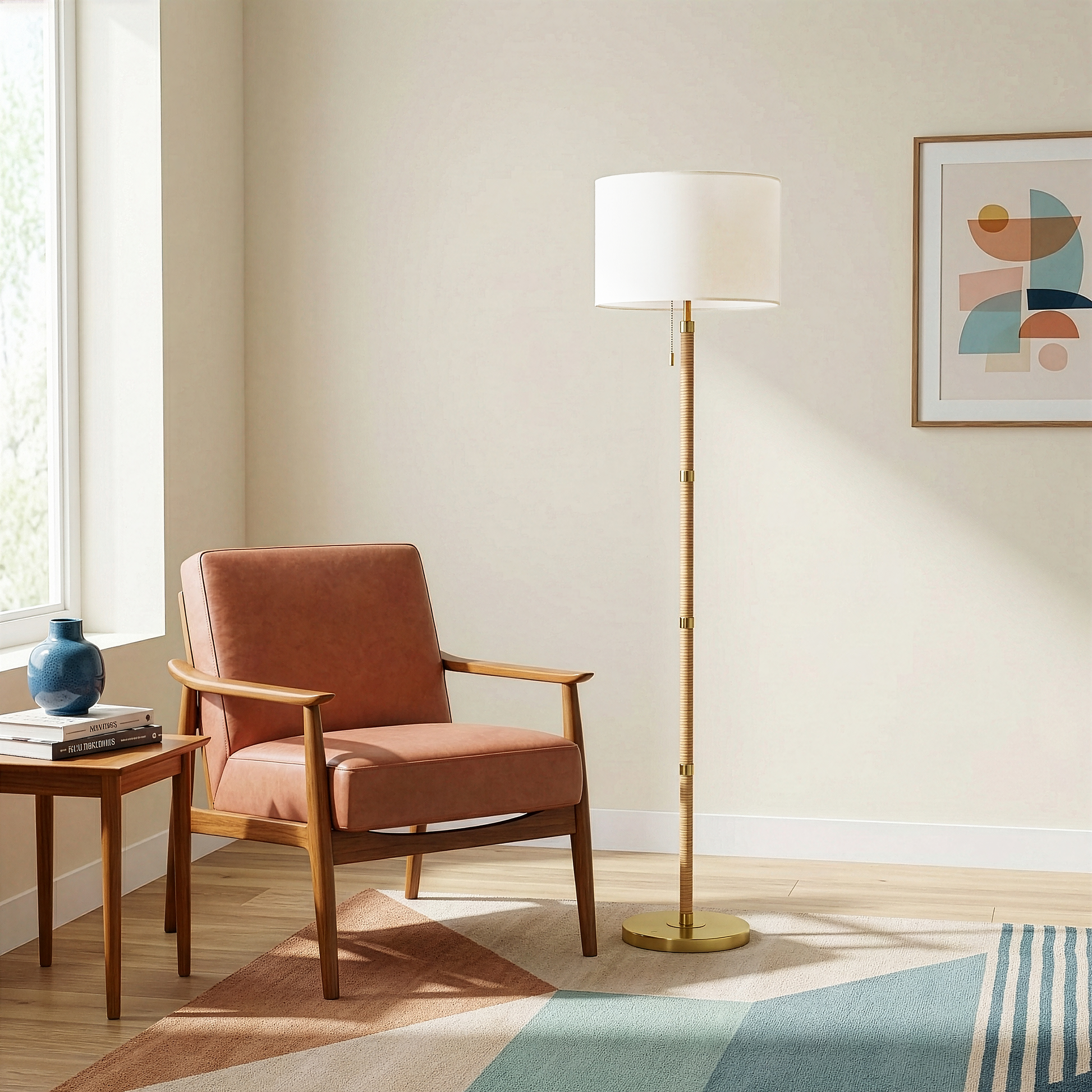 Stellar Wood and Rattan Floor Lamp | Gold Brass Accents and White Linen Shade