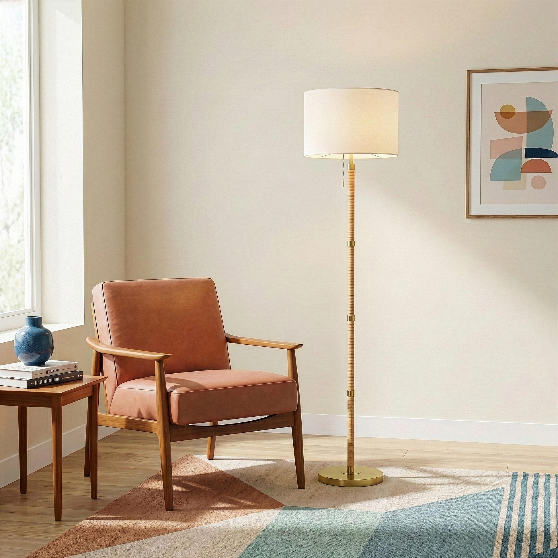 Stellar Wood and Rattan Floor Lamp | Gold Brass Accents and White Linen Shade