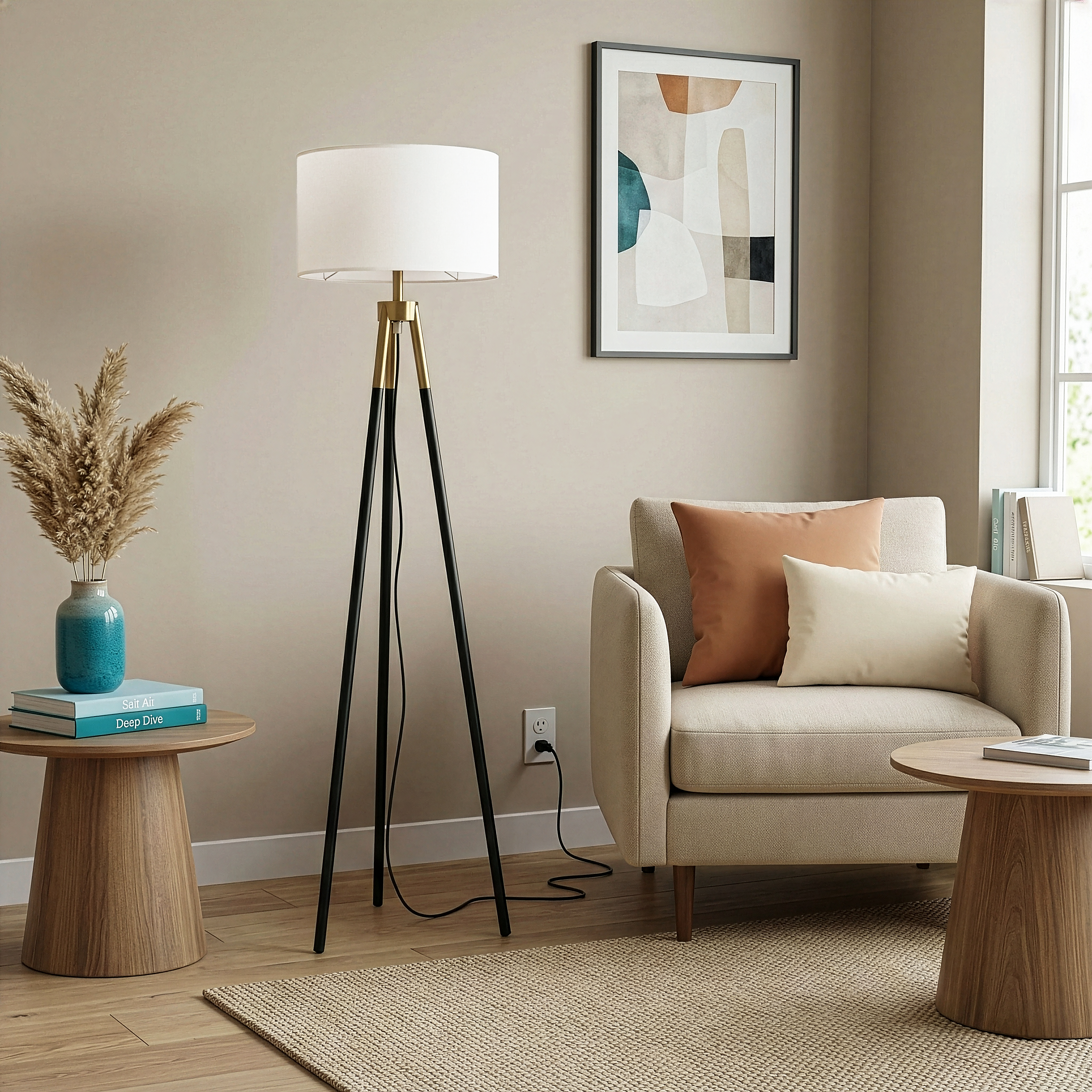 Sway Brassed Gold Floor Lamp | Modern Tripod Design with White Fabric Shade