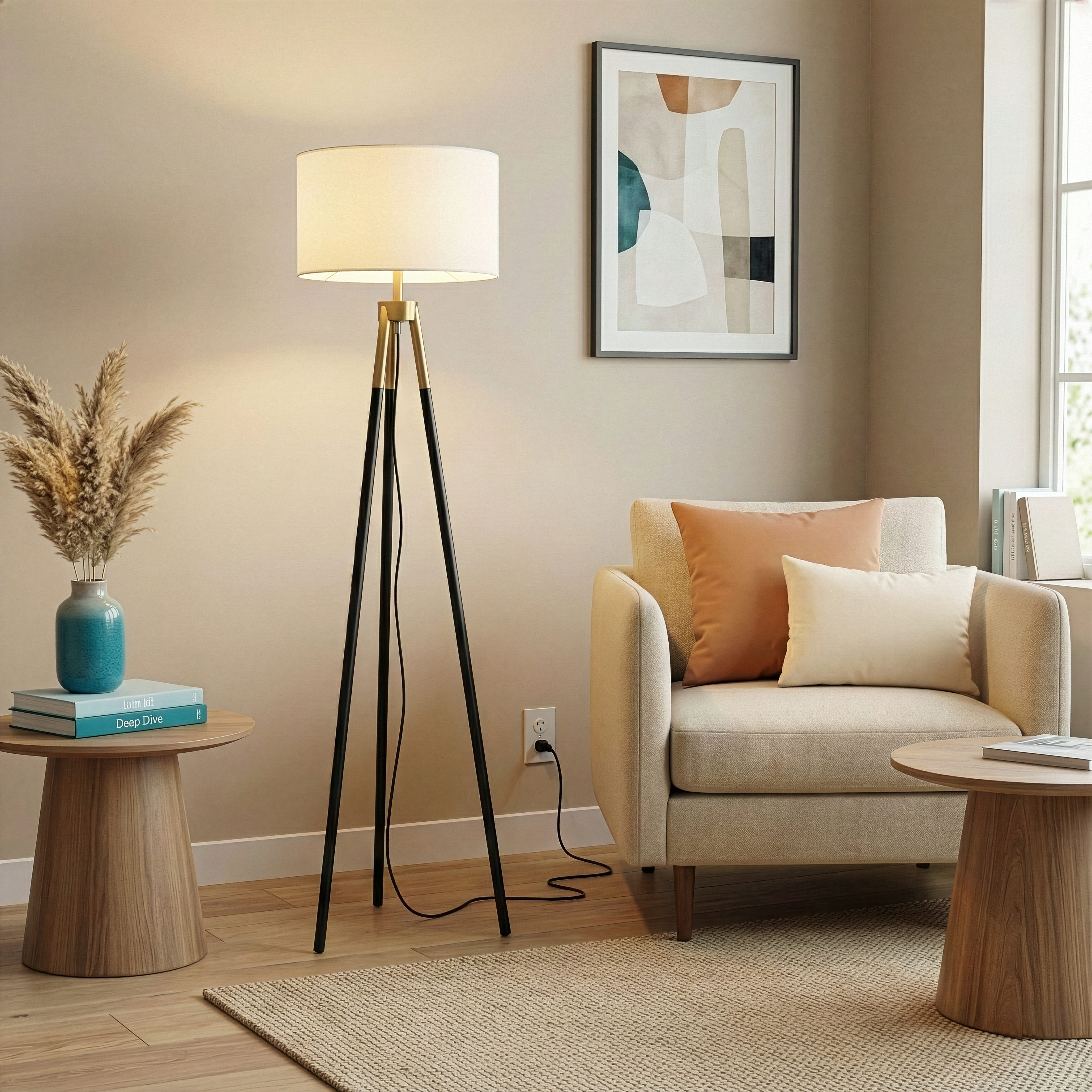 Sway Brassed Gold Floor Lamp | Modern Tripod Design with White Fabric Shade