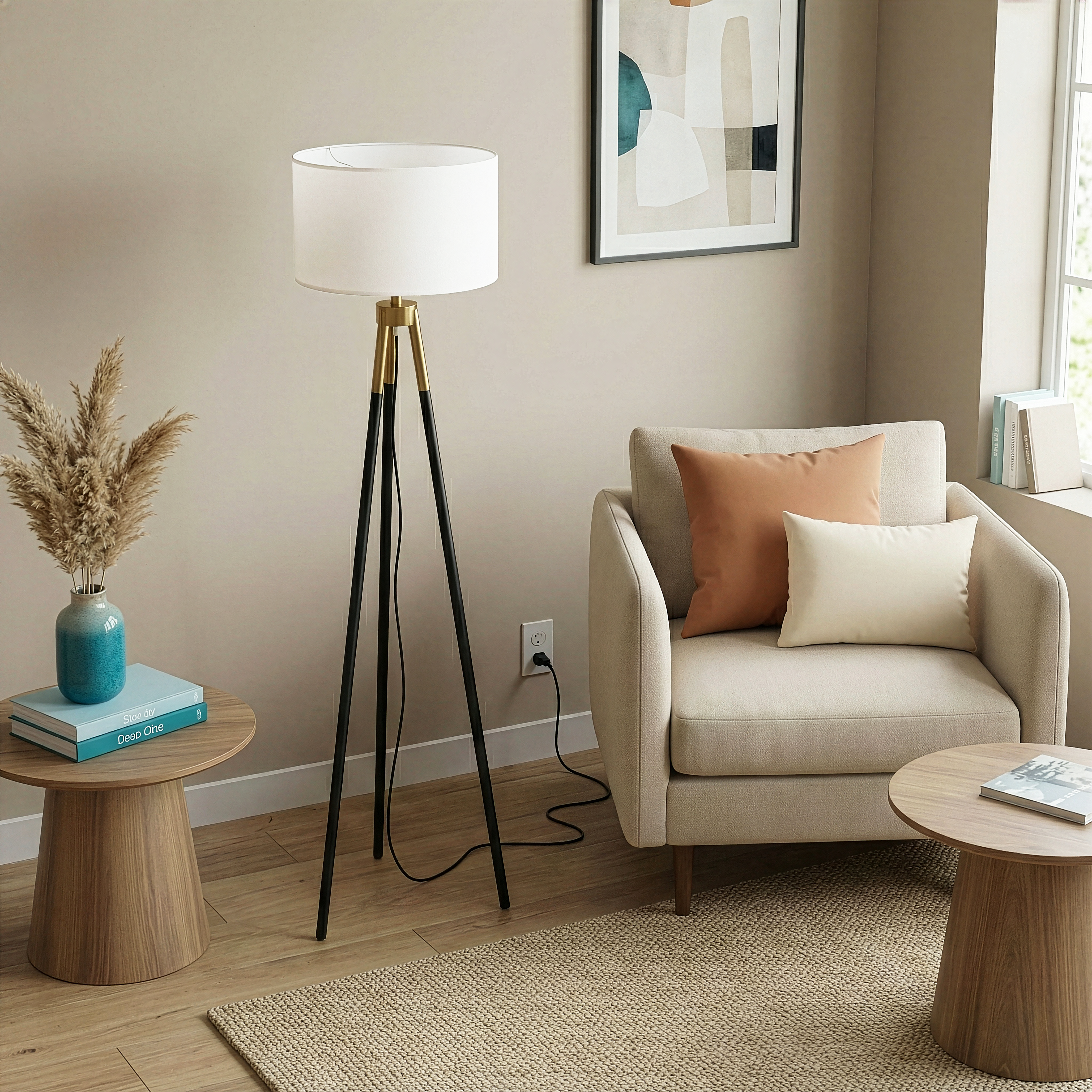 Sway Brassed Gold Floor Lamp | Modern Tripod Design with White Fabric Shade