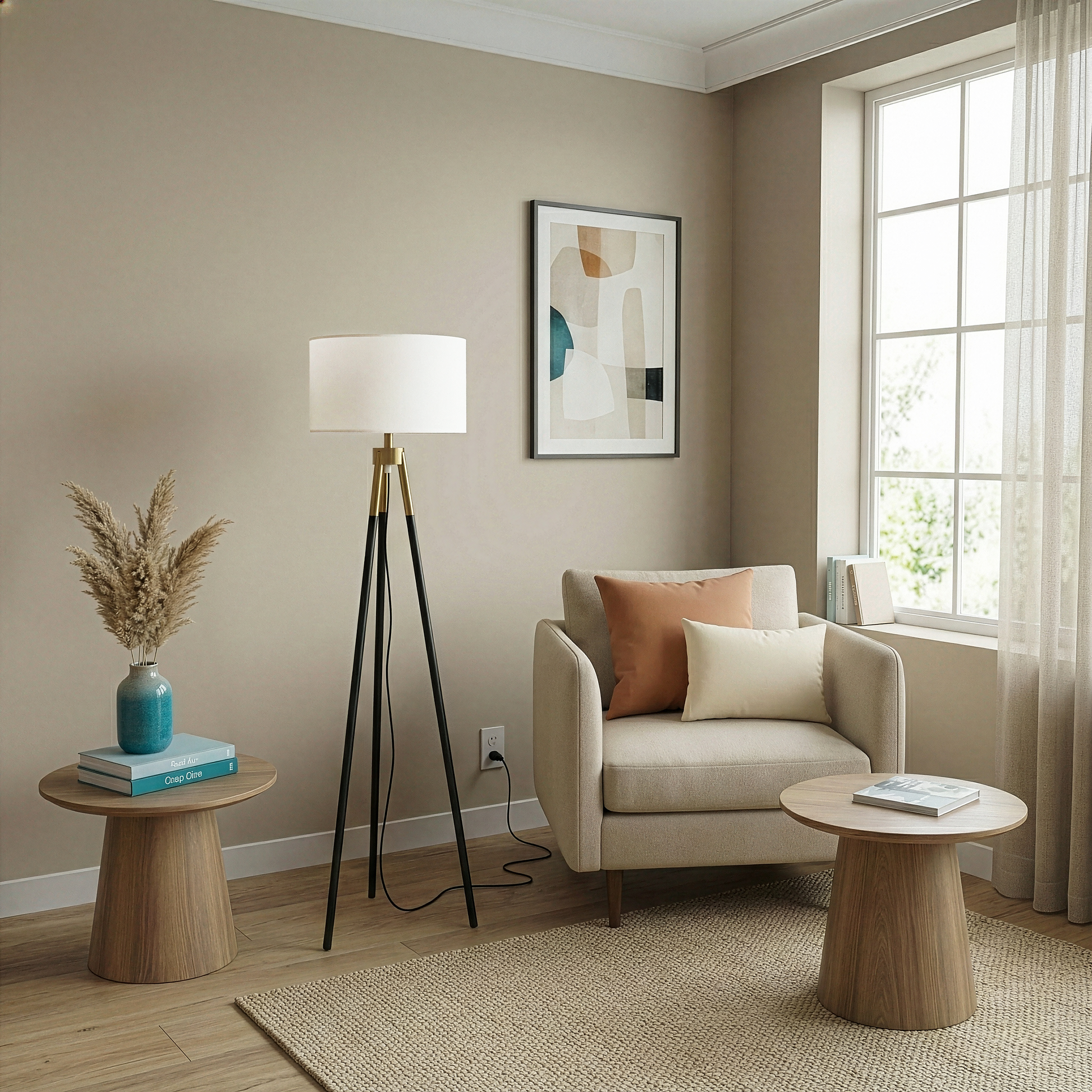 Sway Brassed Gold Floor Lamp | Modern Tripod Design with White Fabric Shade