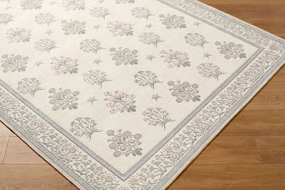 Thistle Camel/Purple Machine Woven Rug - corner