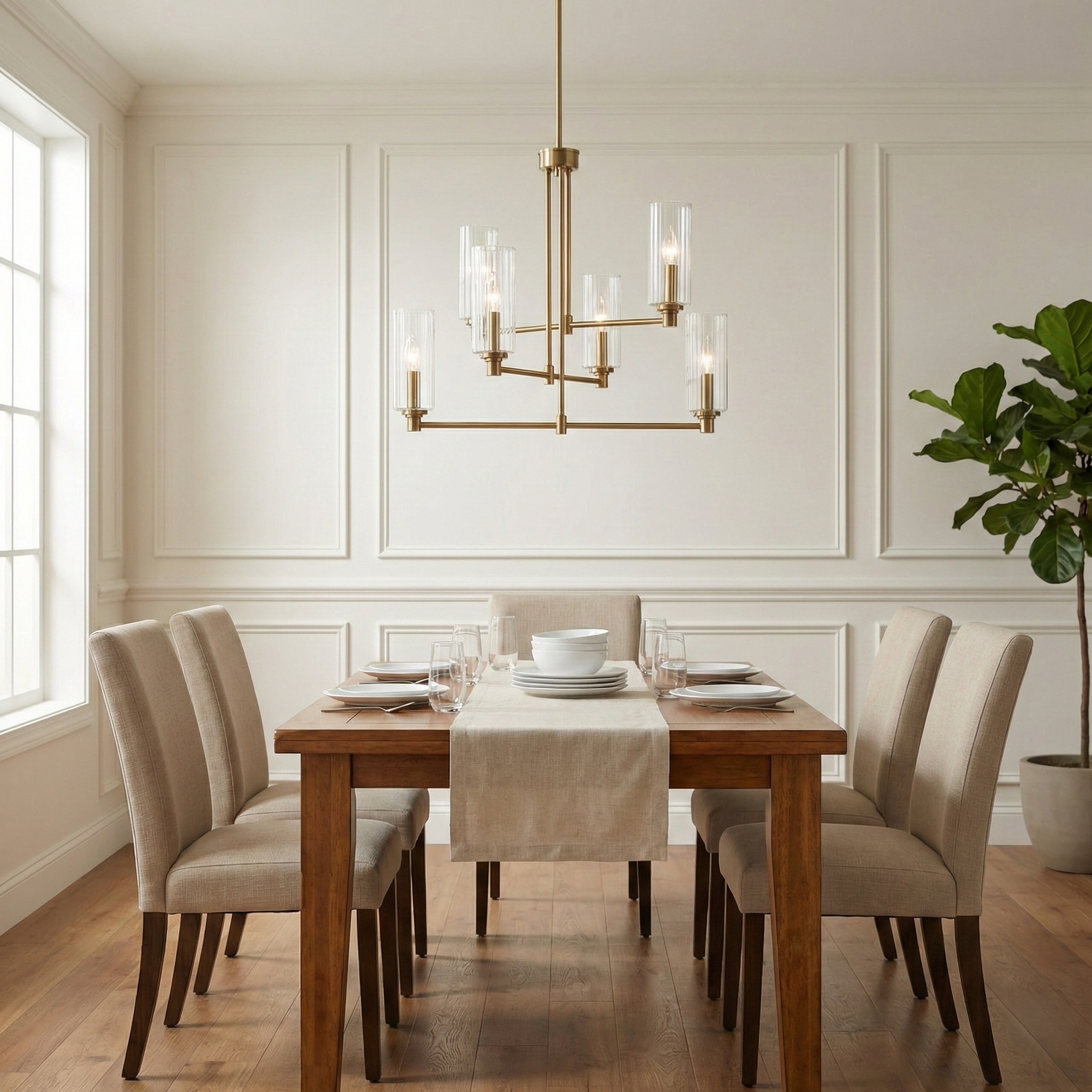 Timeless Six Lights Chandelier | Satin Brass and Clear Ribbed Glass