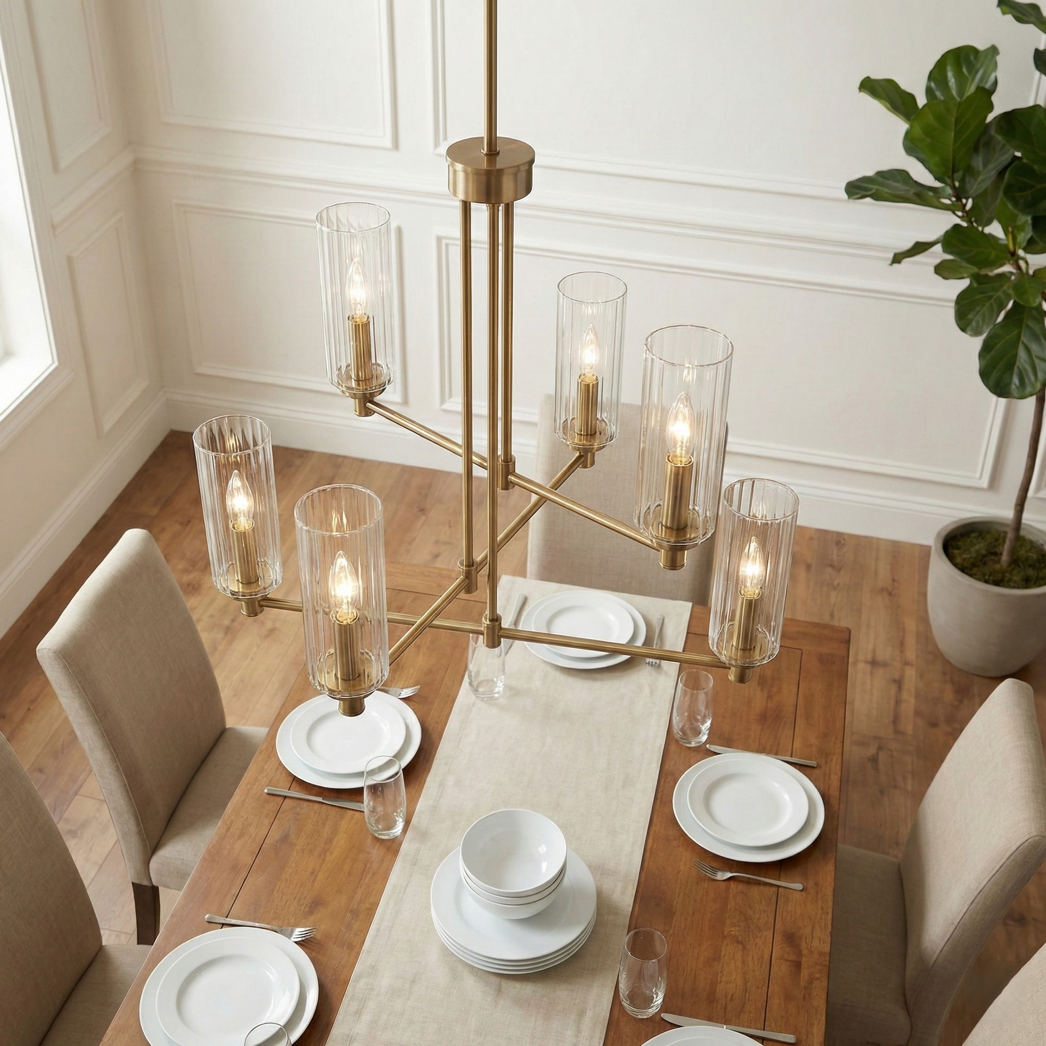 Timeless Six Lights Chandelier | Satin Brass and Clear Ribbed Glass