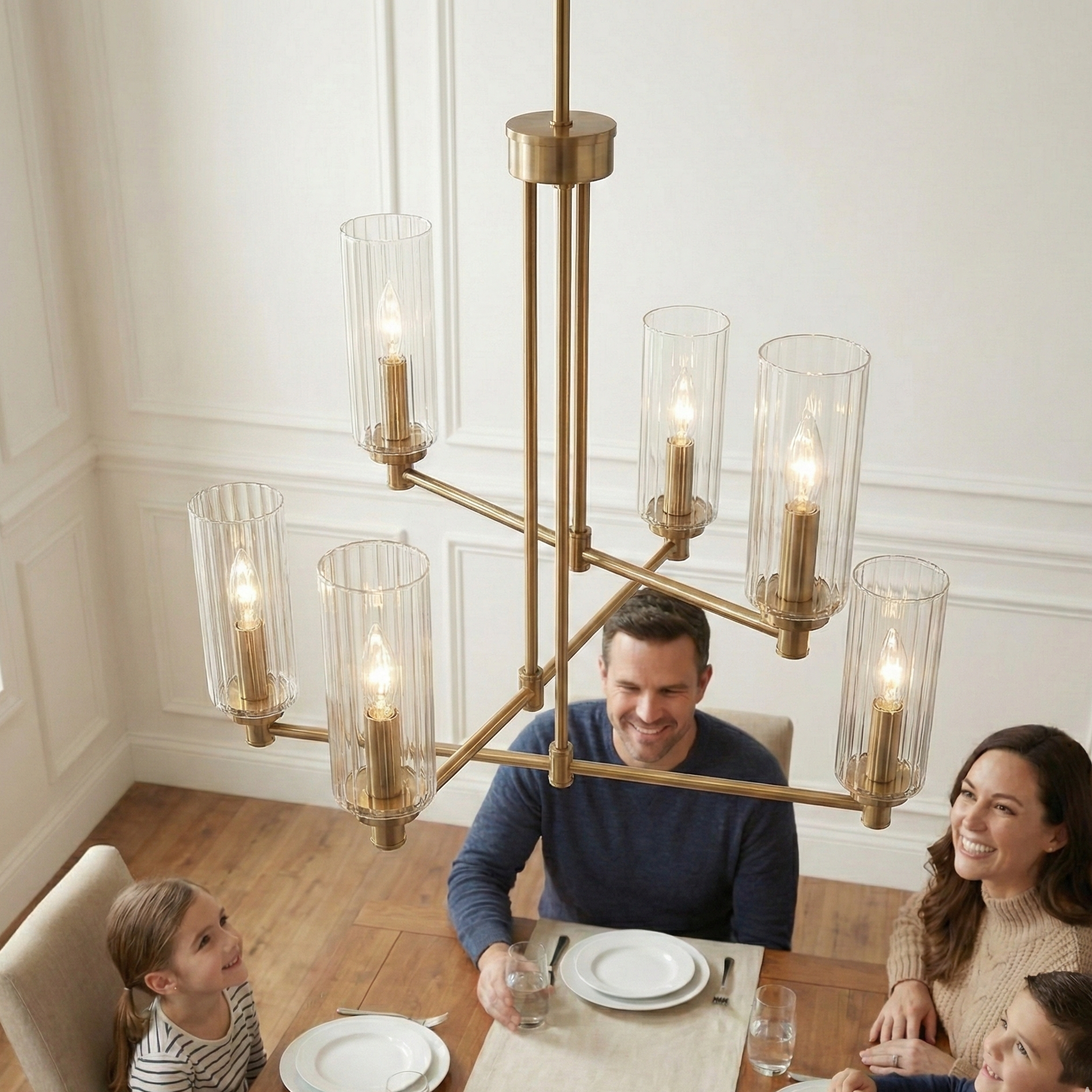 Timeless Six Lights Chandelier | Satin Brass and Clear Ribbed Glass