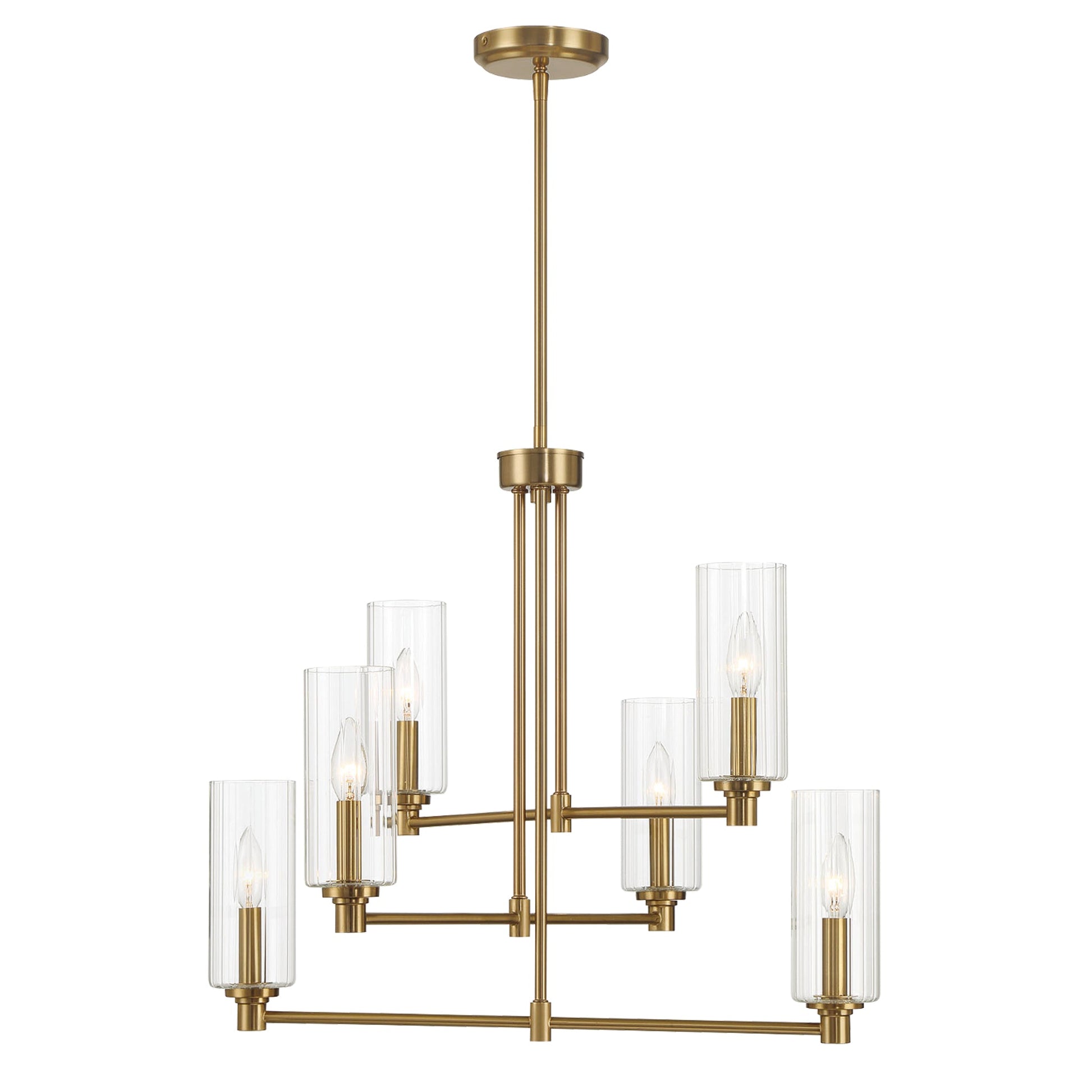 Timeless Six Lights Chandelier | Satin Brass and Clear Ribbed Glass