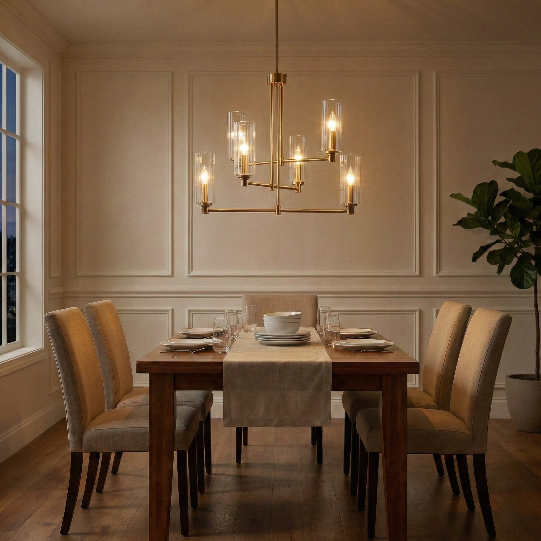 Timeless Six Lights Chandelier | Satin Brass and Clear Ribbed Glass
