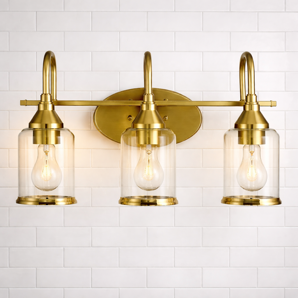 Twilight Vanity Light | Brushed Gold and Three-Light Clear Glass Design