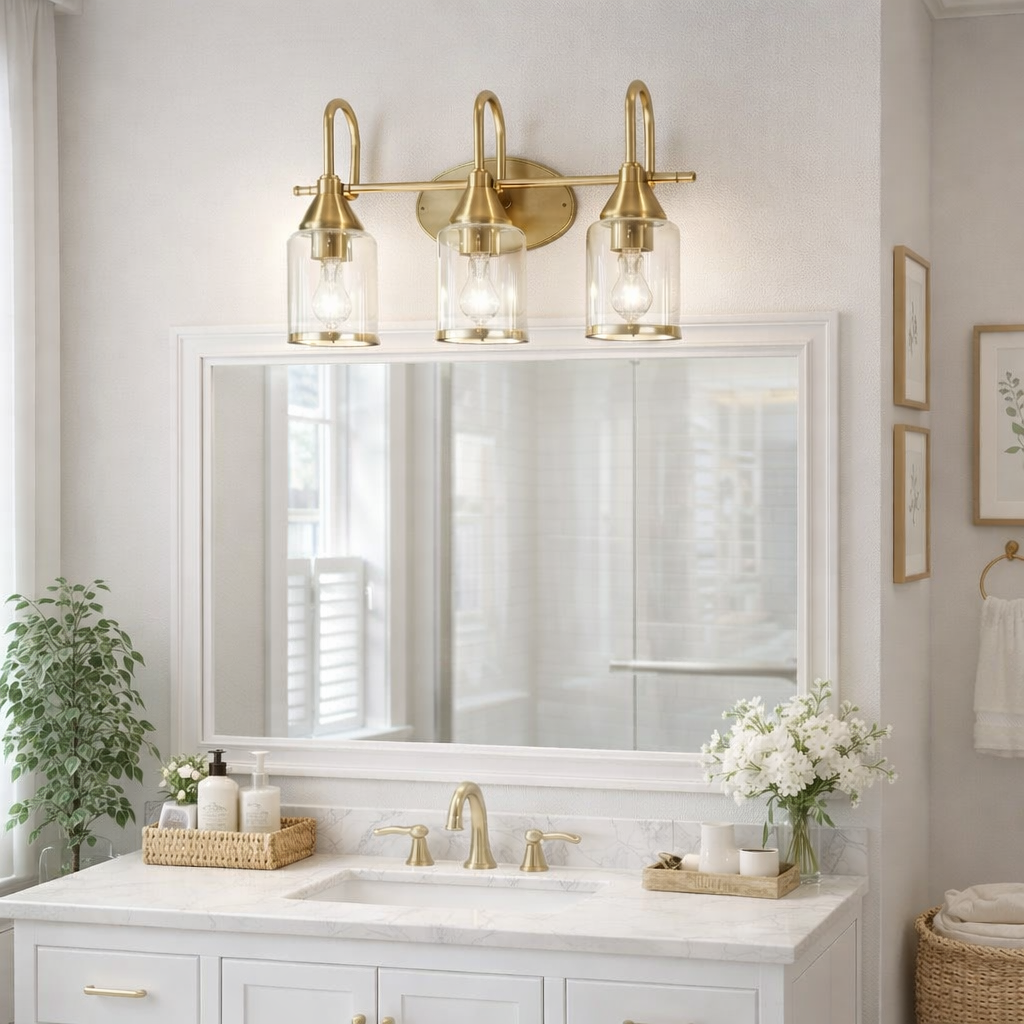 Twilight Vanity Light | Brushed Gold and Three-Light Clear Glass Design