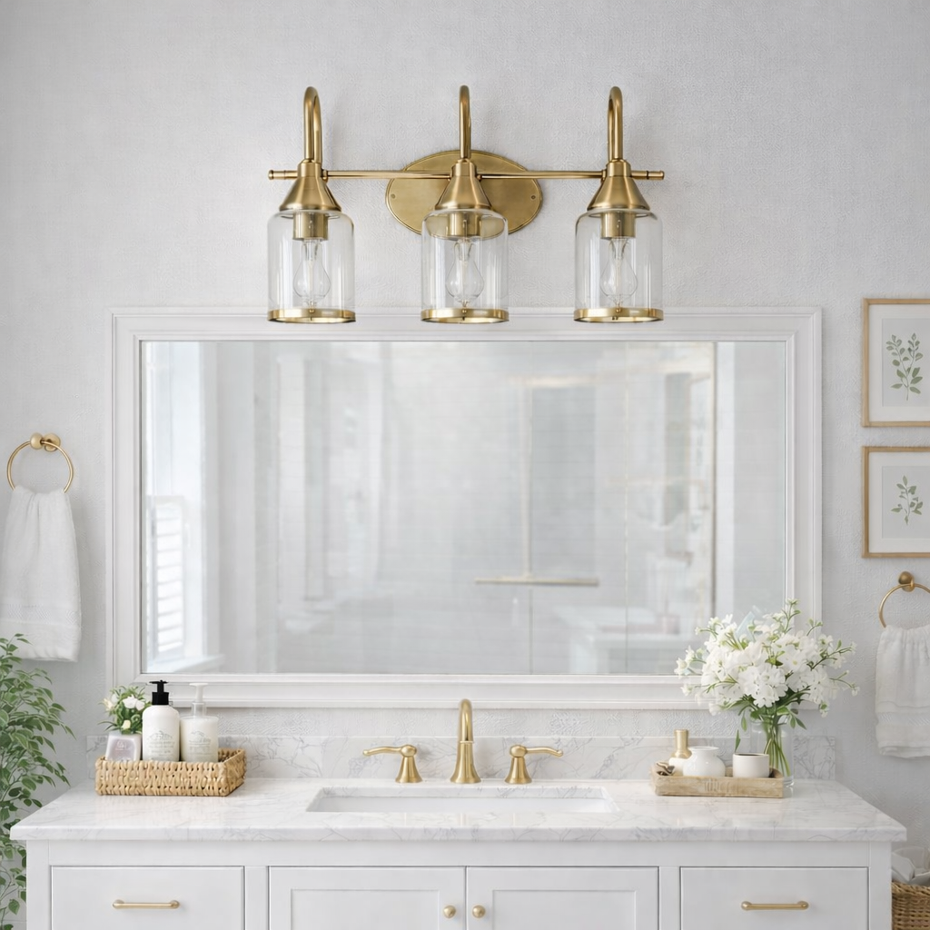 Twilight Vanity Light | Brushed Gold and Three-Light Clear Glass Design