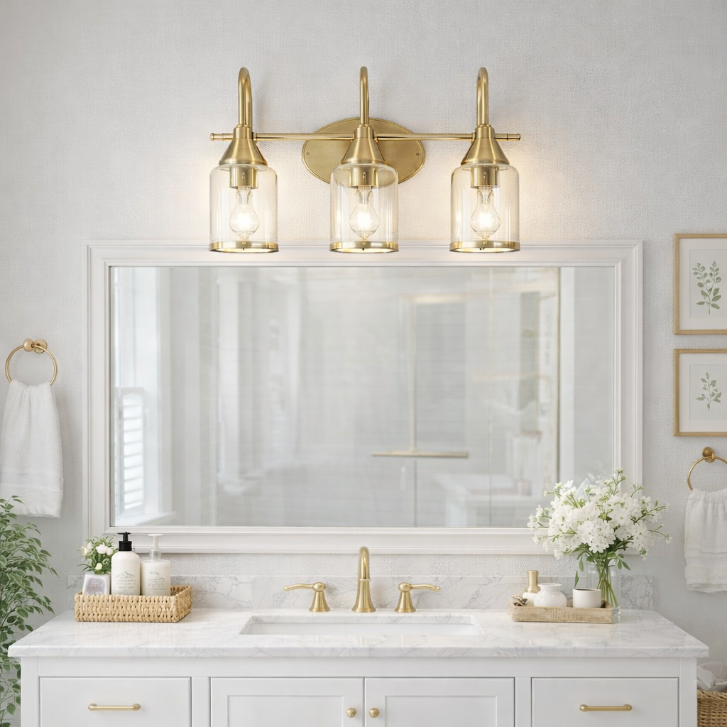 Twilight Vanity Light | Brushed Gold and Three-Light Clear Glass Design