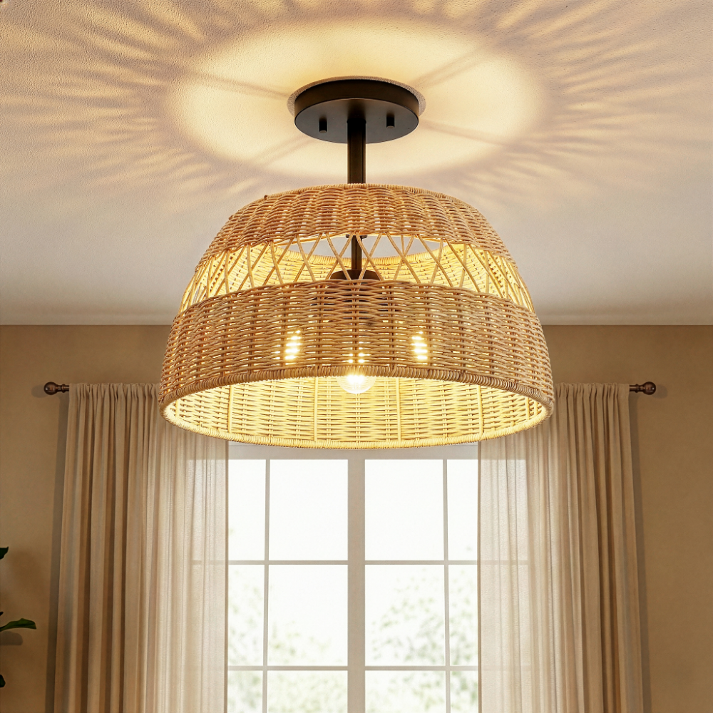 Twinkle 2-Light Rattan Semi-Flush Mount | Black Metal and Woven Farmhouse Ceiling Light