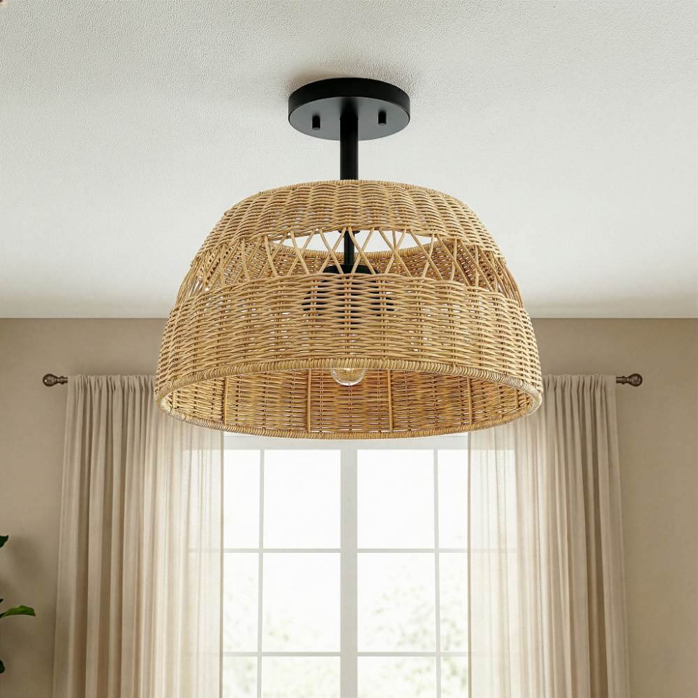 Twinkle 2-Light Rattan Semi-Flush Mount | Black Metal and Woven Farmhouse Ceiling Light