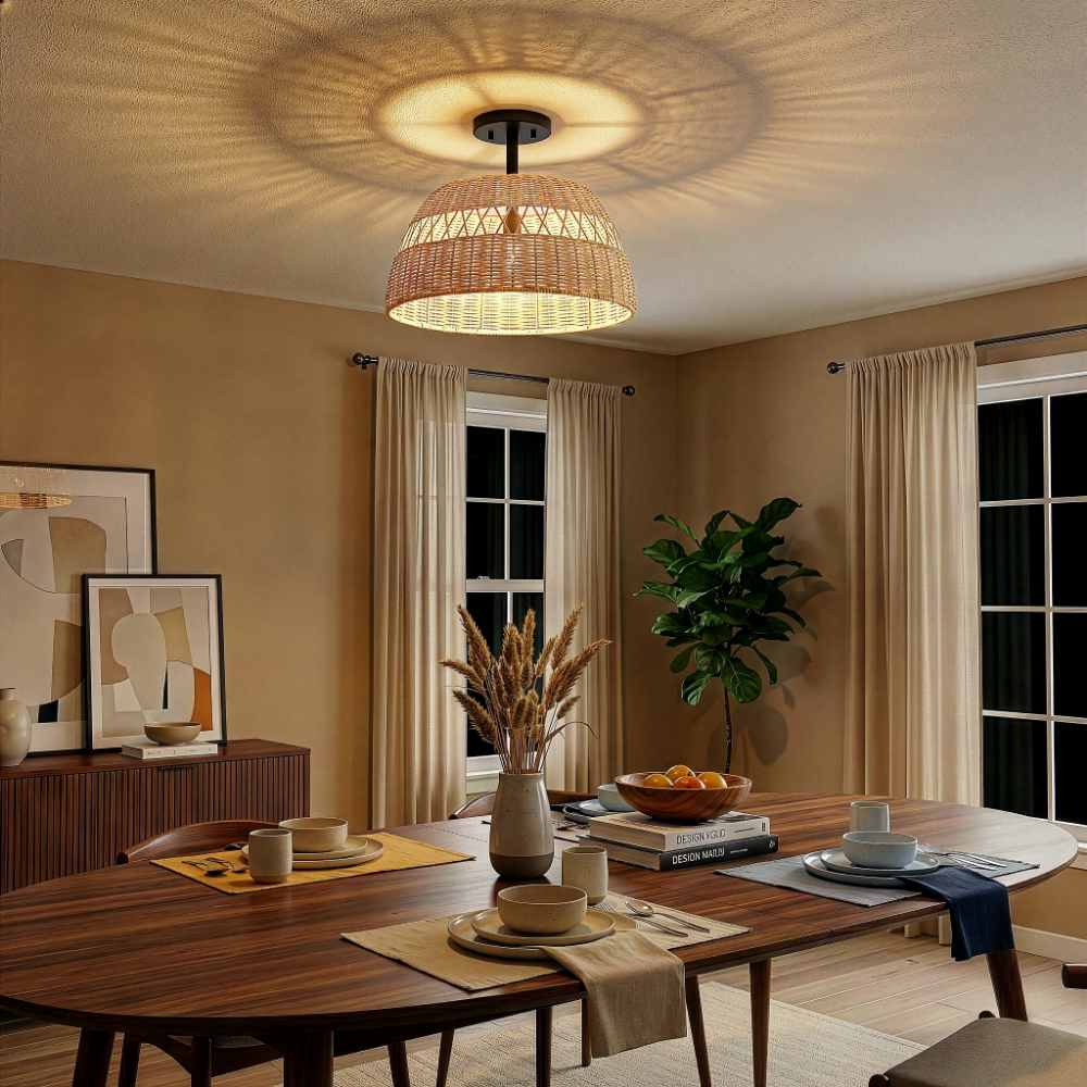 Twinkle 2-Light Rattan Semi-Flush Mount | Black Metal and Woven Farmhouse Ceiling Light