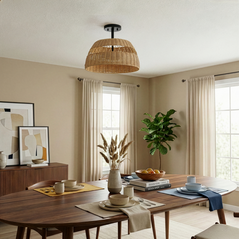 Twinkle 2-Light Rattan Semi-Flush Mount | Black Metal and Woven Farmhouse Ceiling Light