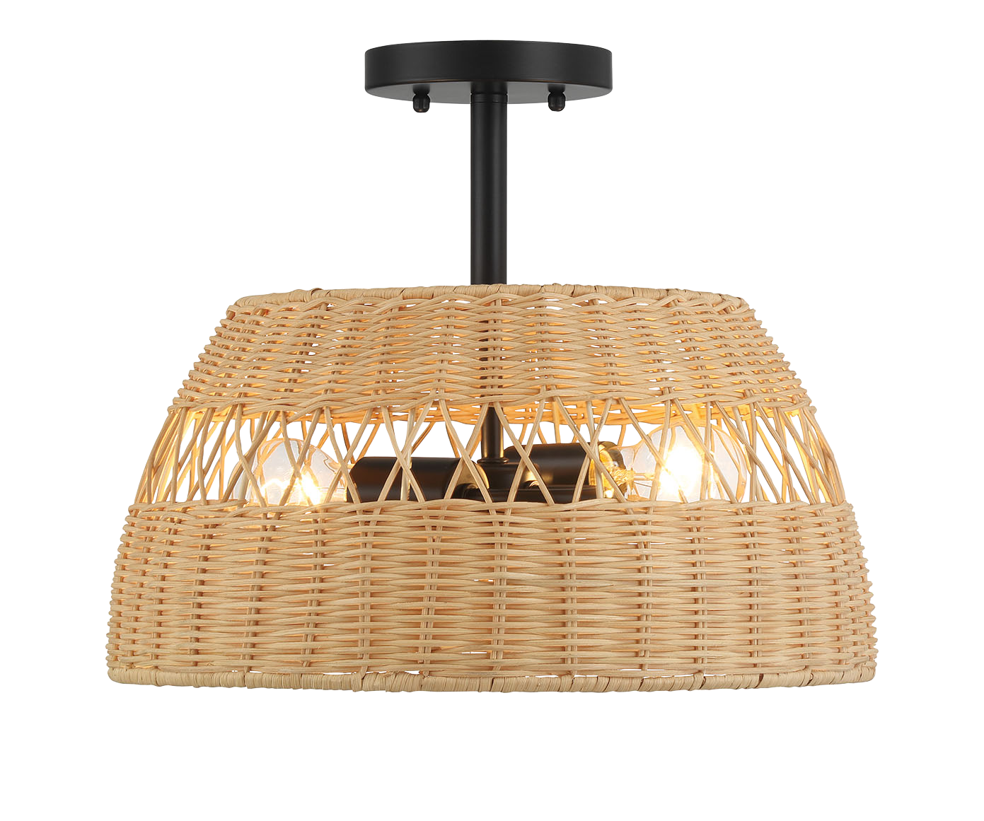 Twinkle 2-Light Rattan Semi-Flush Mount | Black Metal and Woven Farmhouse Ceiling Light
