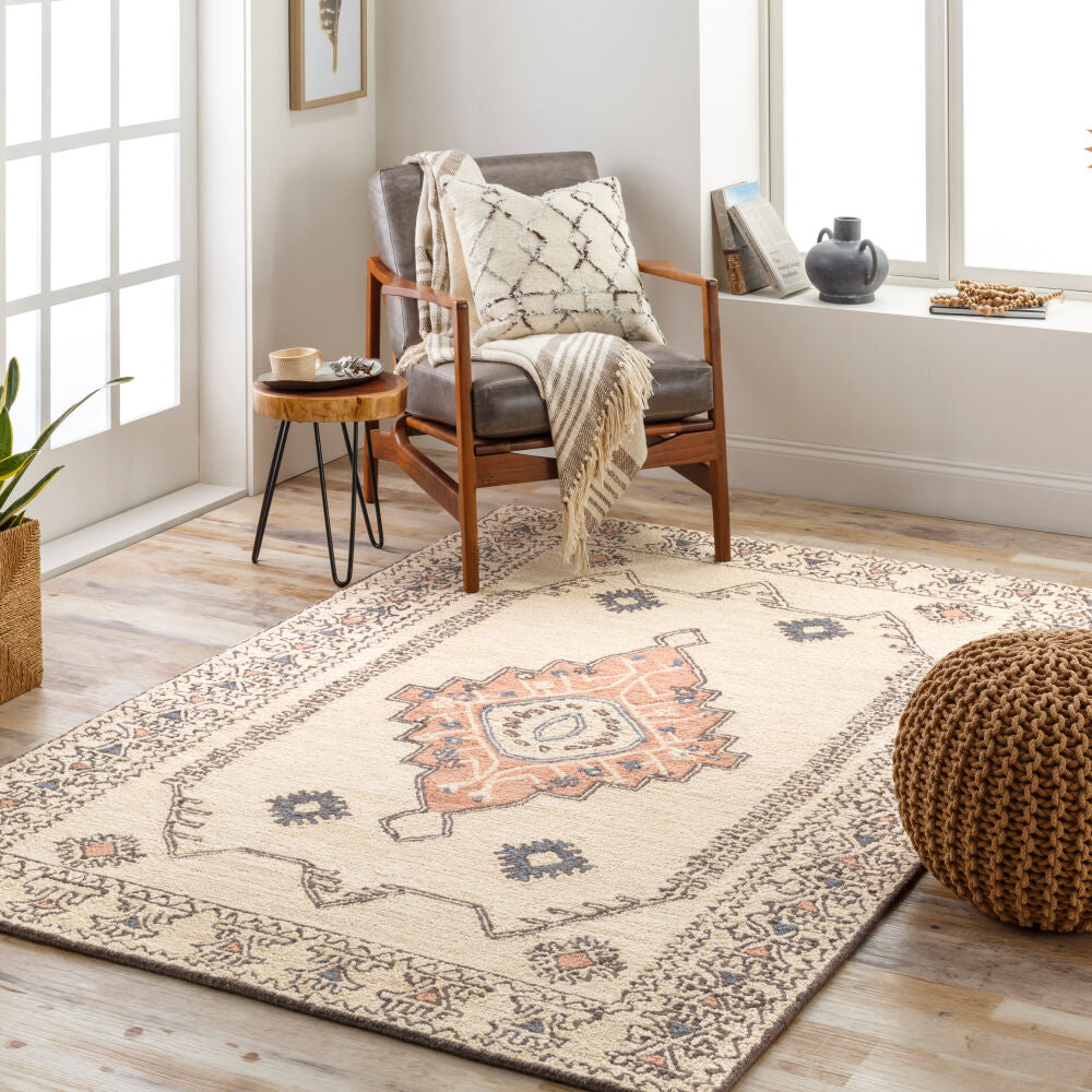 Urfa Charcoal/Peach Handmade Rug - roomscene