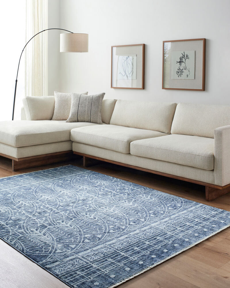 Usonia Dark Blue/White Machine Woven Rug - roomscene