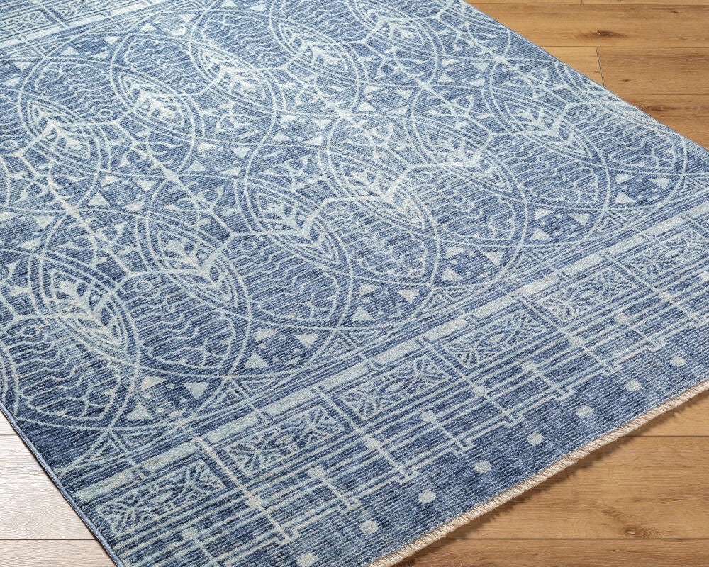 Usonia Dark Blue/White Machine Woven Rug - corner
