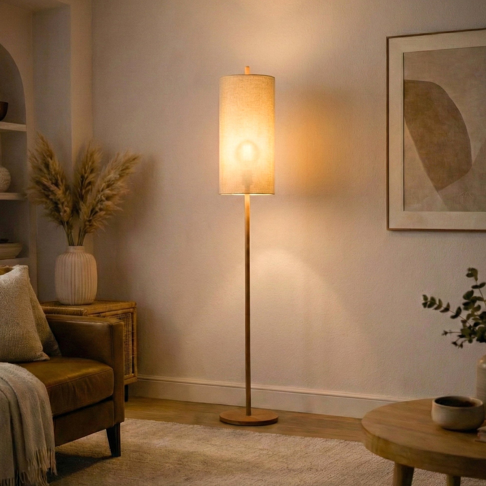 Vialux Floor Lamp | Natural Oak and Tall Woven Fabric Shade