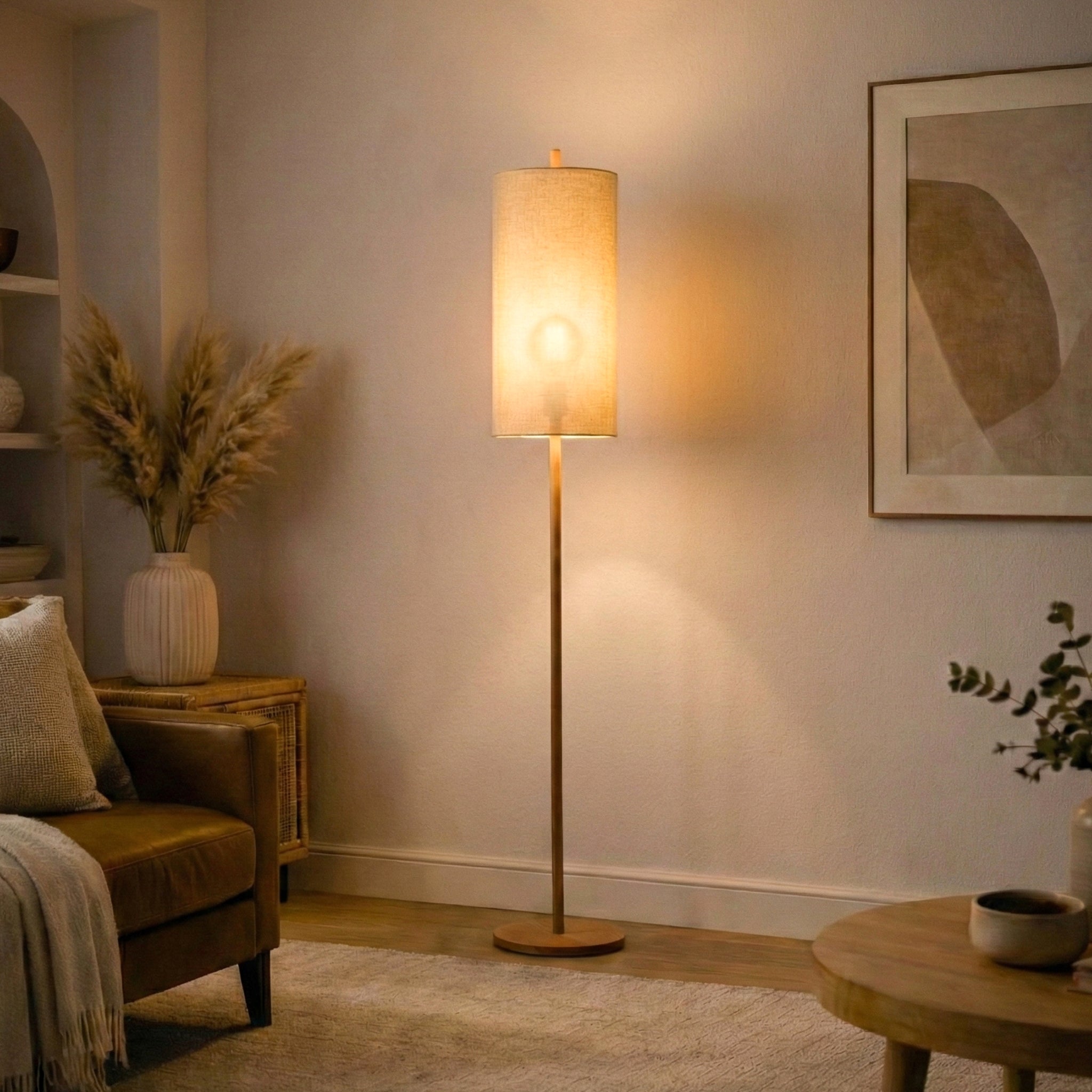 Vialux Floor Lamp | Natural Oak and Tall Woven Fabric Shade