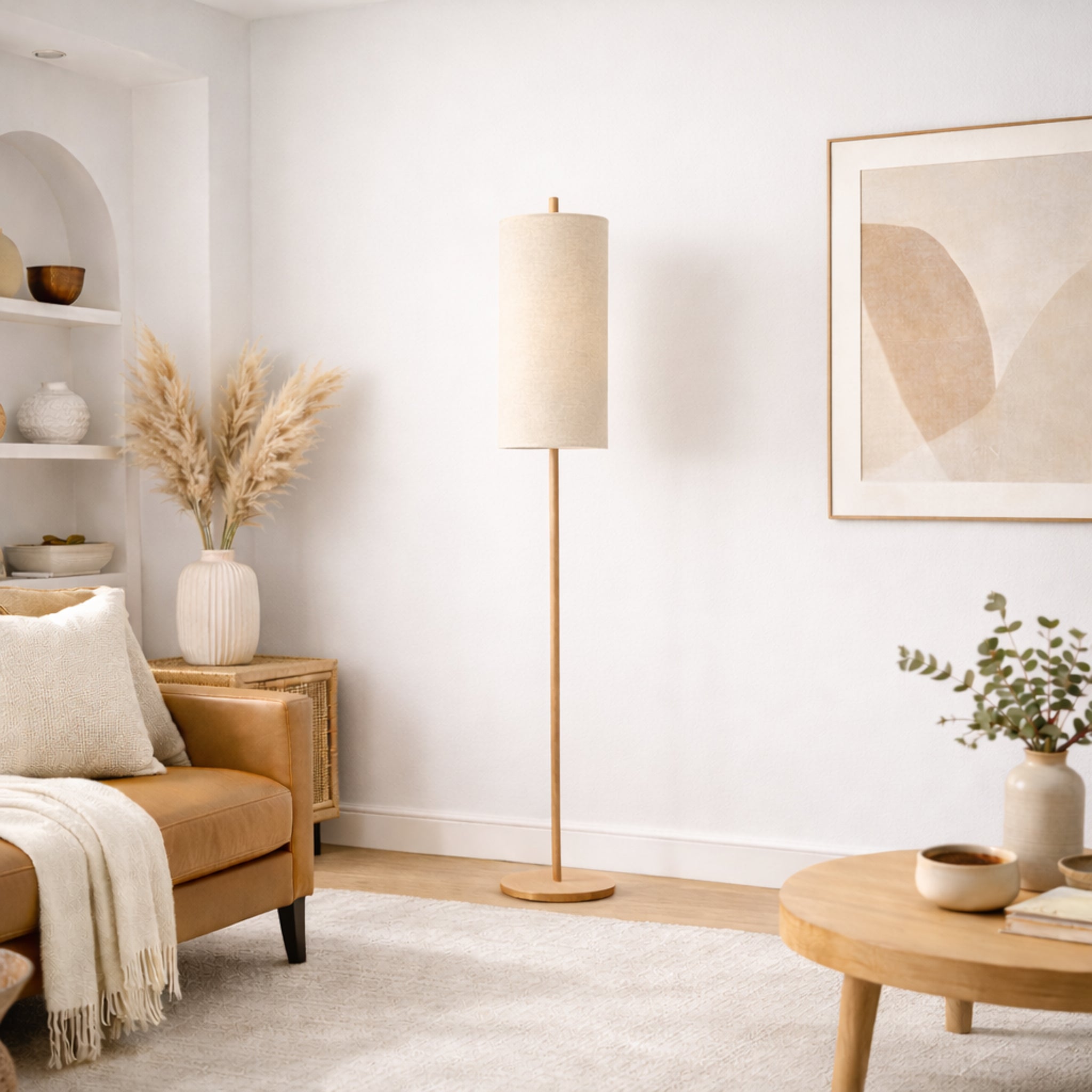 Vialux Floor Lamp | Natural Oak and Tall Woven Fabric Shade
