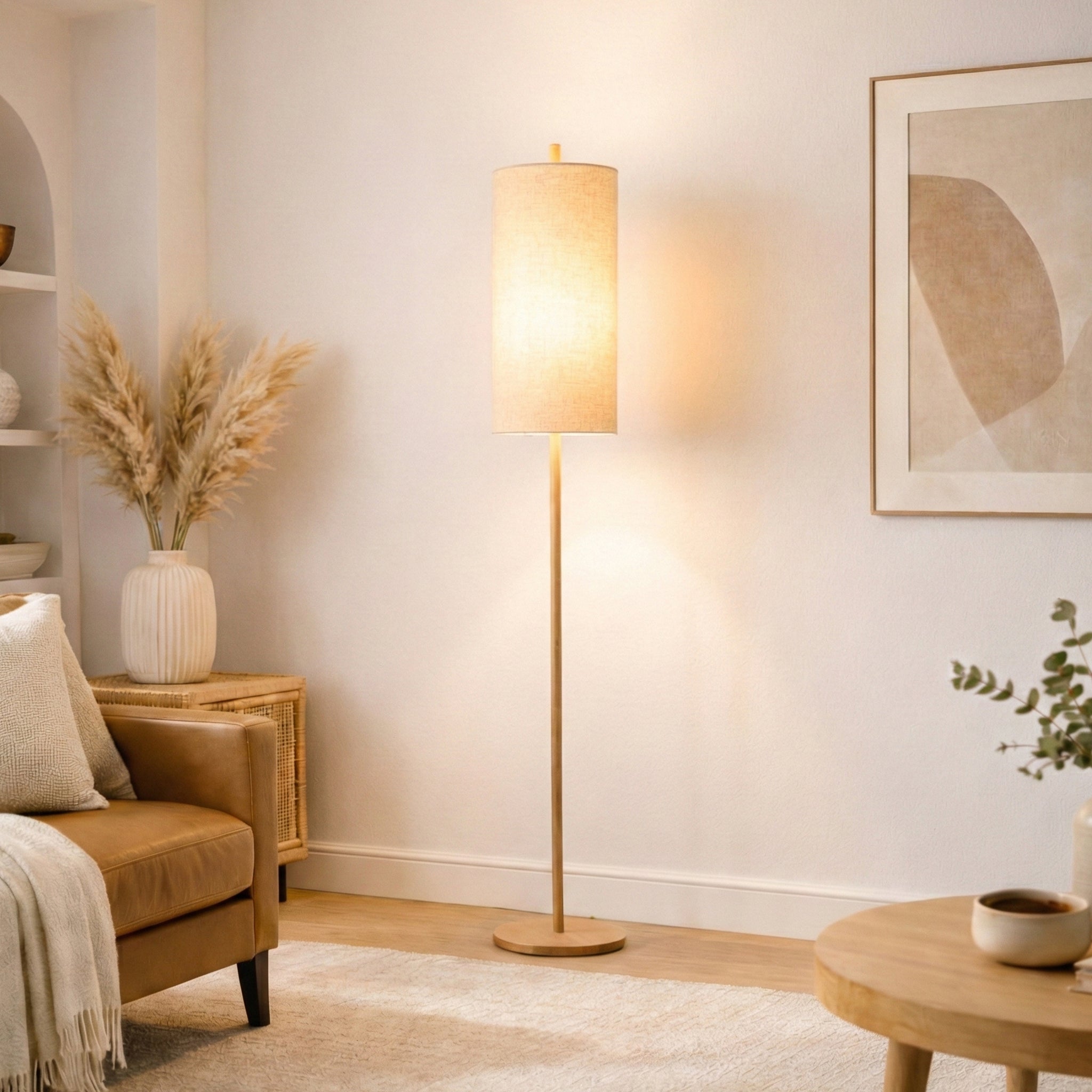 Vialux Floor Lamp | Natural Oak and Tall Woven Fabric Shade