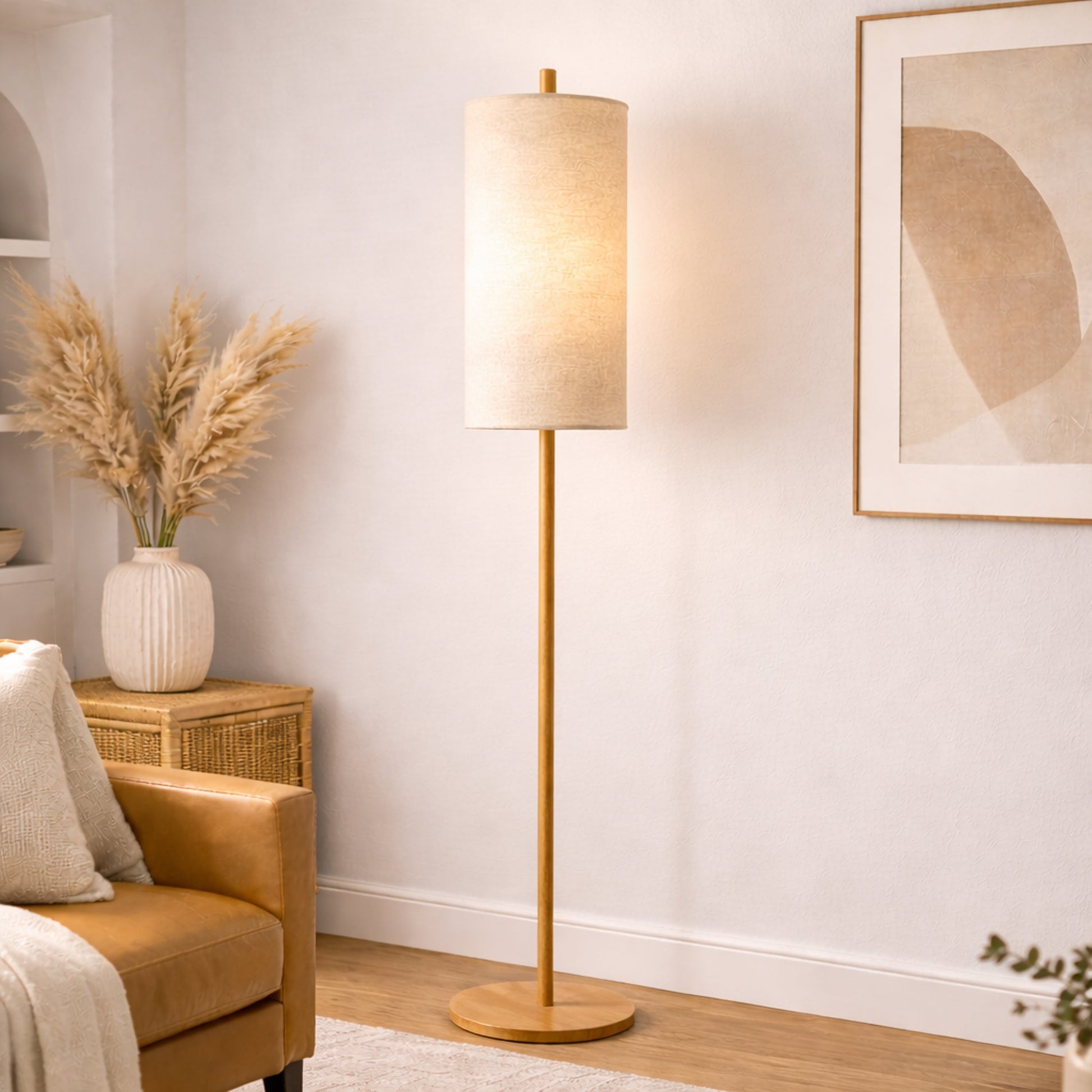 Vialux Floor Lamp | Natural Oak and Tall Woven Fabric Shade