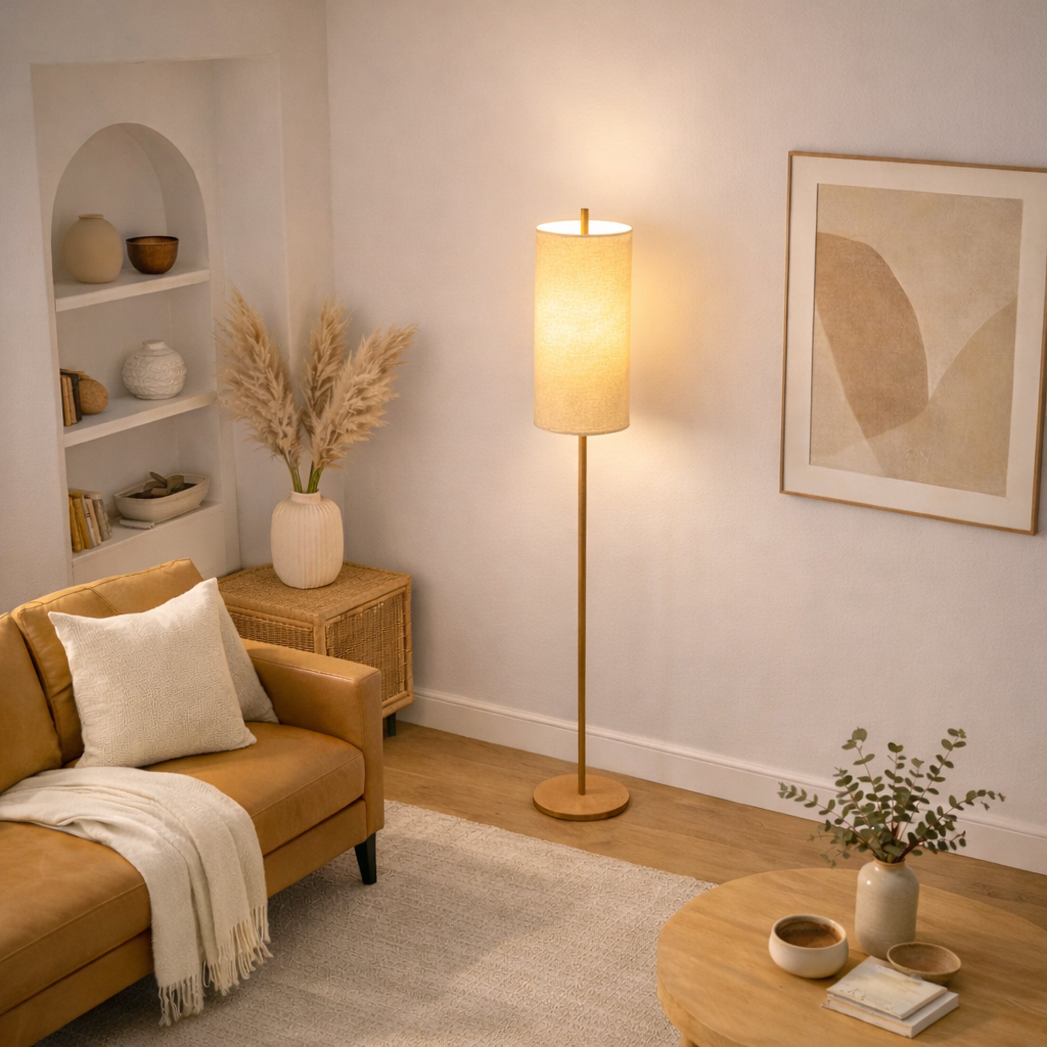 Vialux Floor Lamp | Natural Oak and Tall Woven Fabric Shade