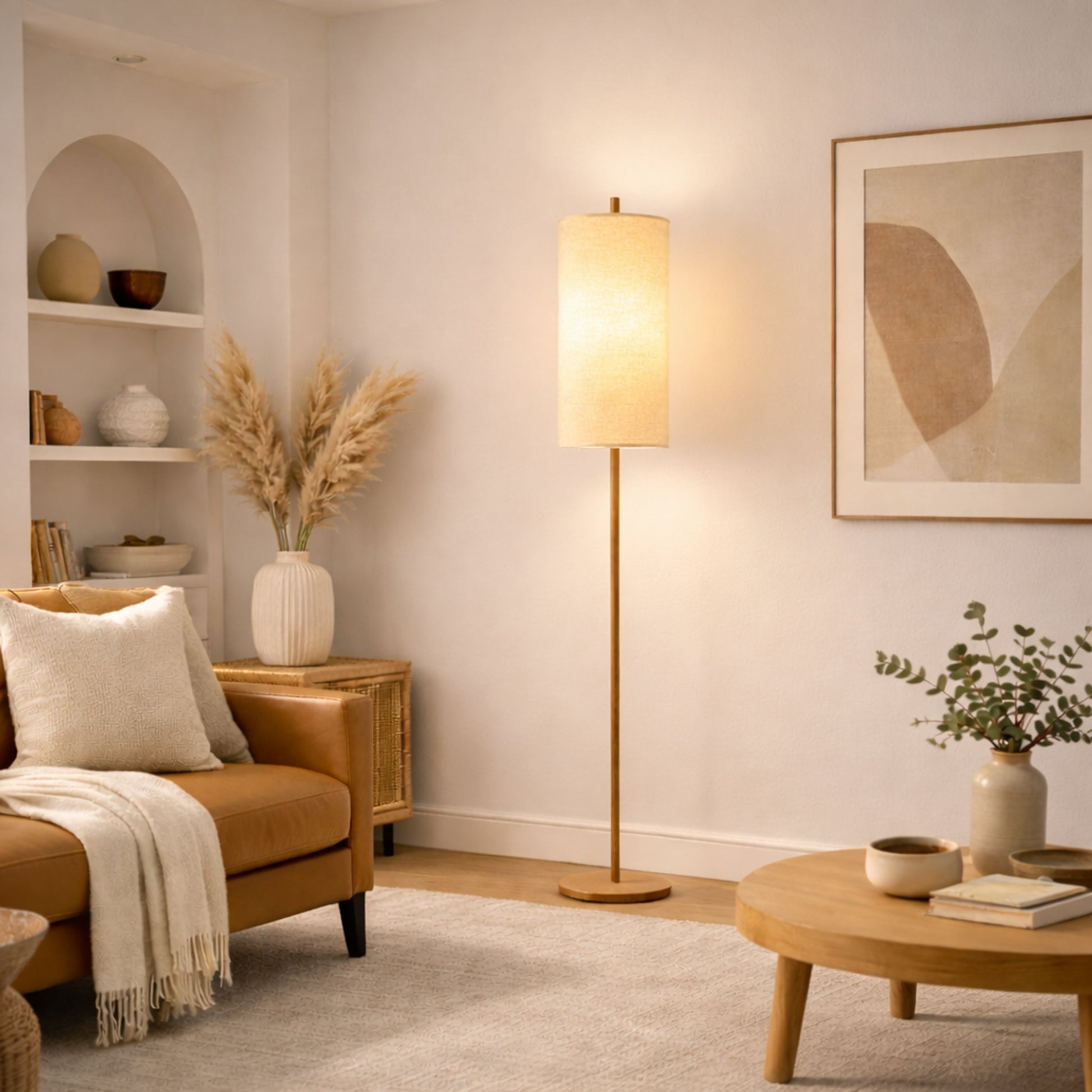Vialux Floor Lamp | Natural Oak and Tall Woven Fabric Shade
