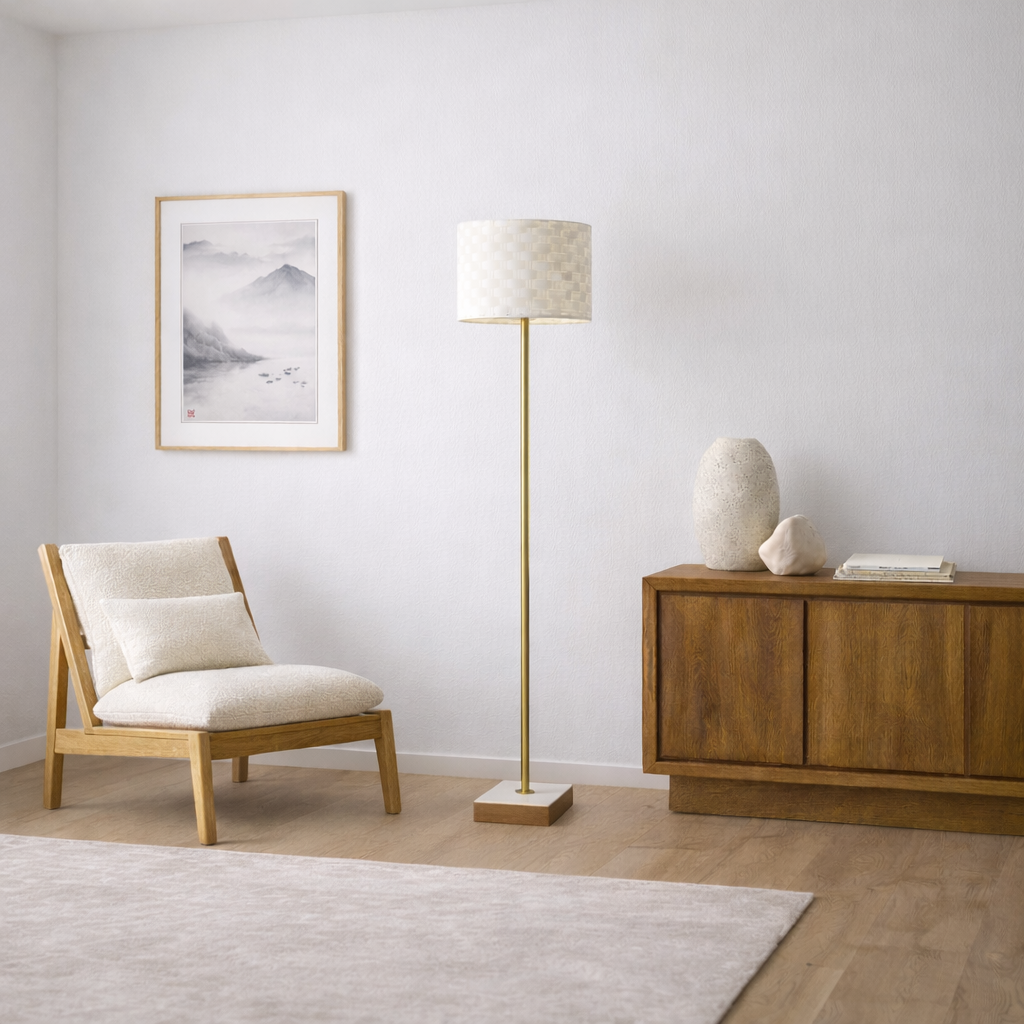 Viora Floor Lamp | Marble and Wood Base with Woven Shade