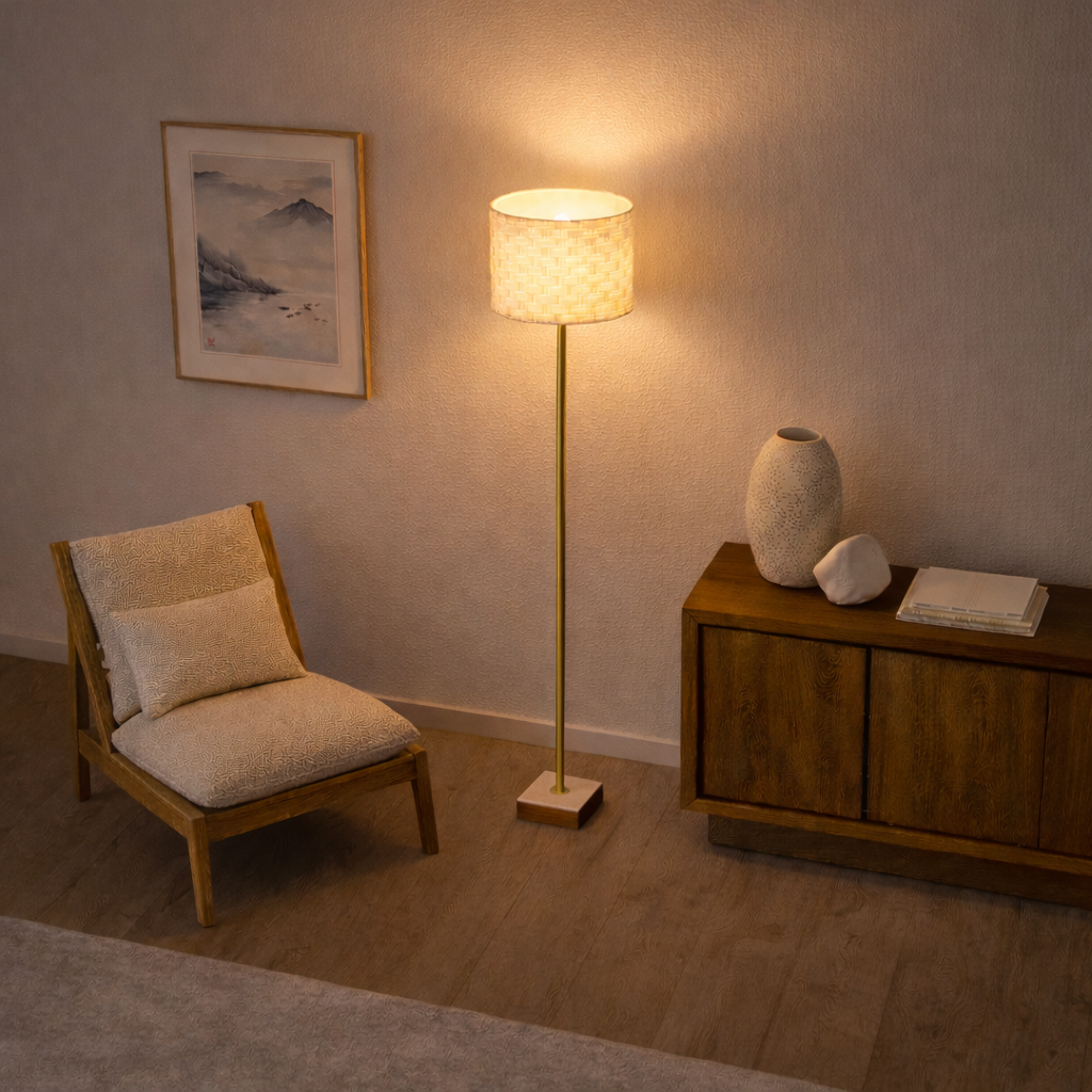 Viora Floor Lamp | Marble and Wood Base with Woven Shade