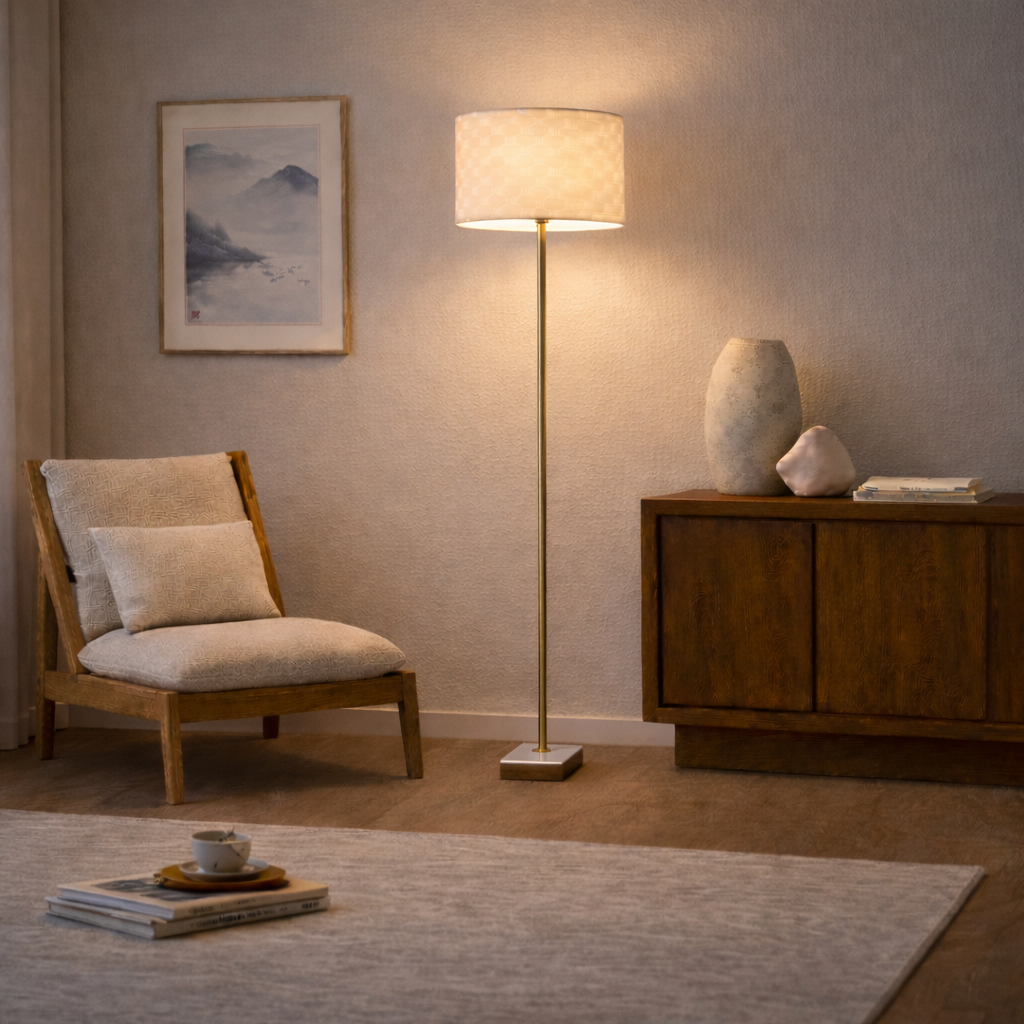 Viora Floor Lamp | Marble and Wood Base with Woven Shade