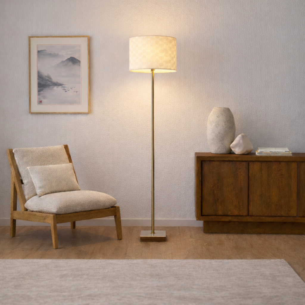 Viora Floor Lamp | Marble and Wood Base with Woven Shade