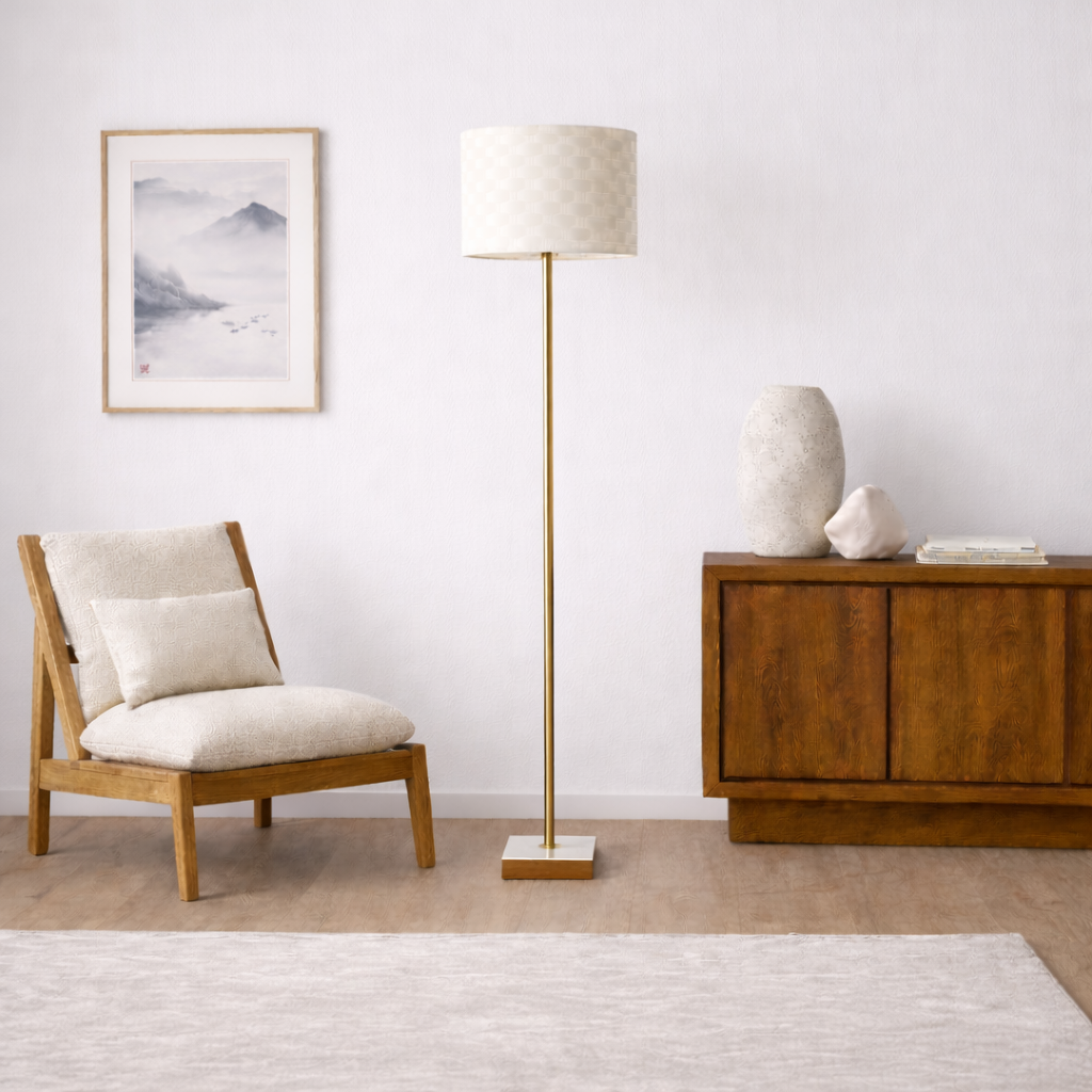 Viora Floor Lamp | Marble and Wood Base with Woven Shade