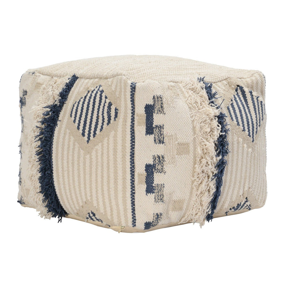 Moroccan Hand-Woven Cream + Navy Pouf