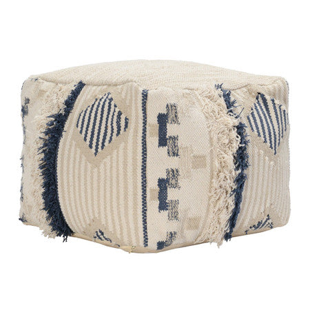 Moroccan Hand-Woven Cream + Navy Pouf