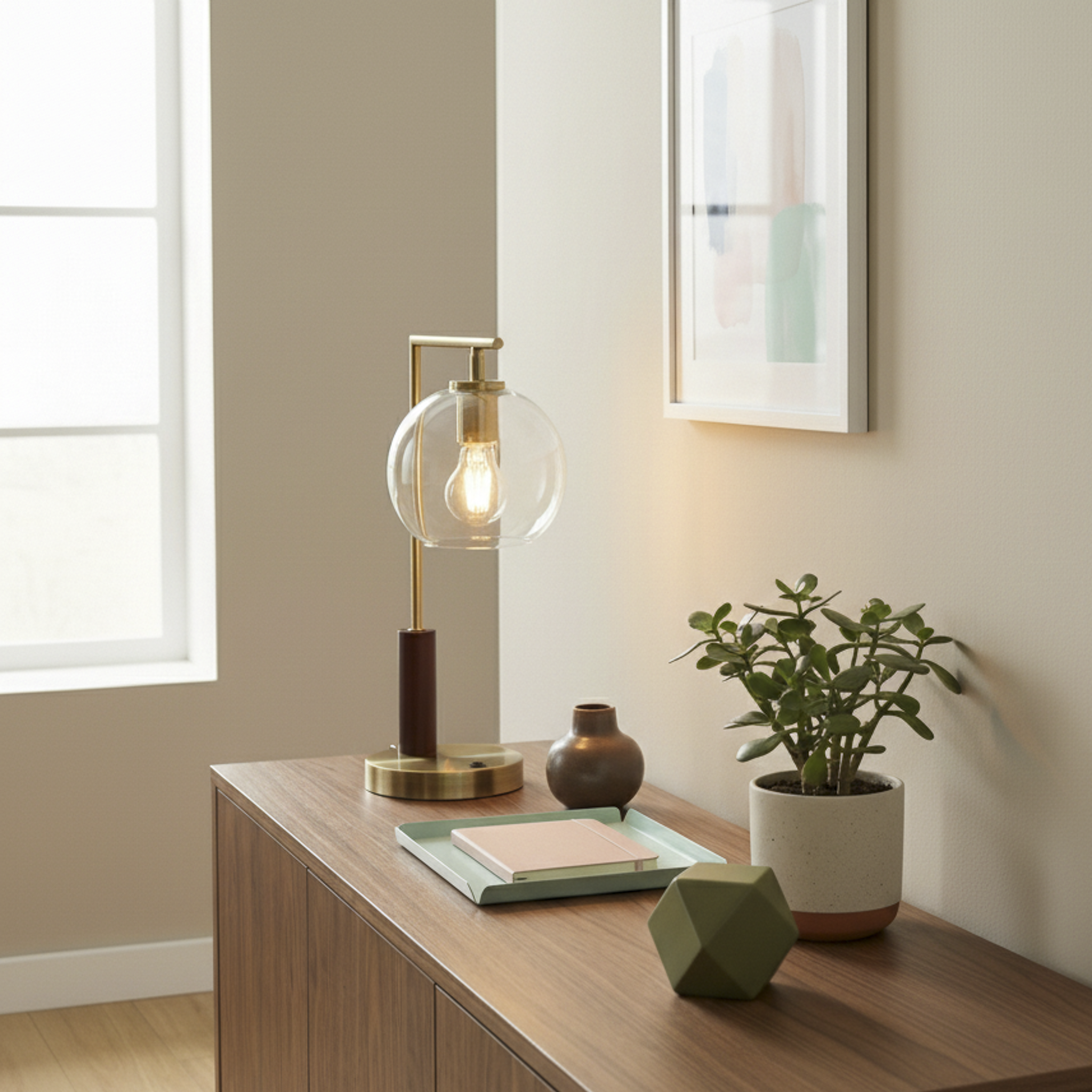 Wander Table Lamp | Bronze Right Angle Frame and Glass Globe