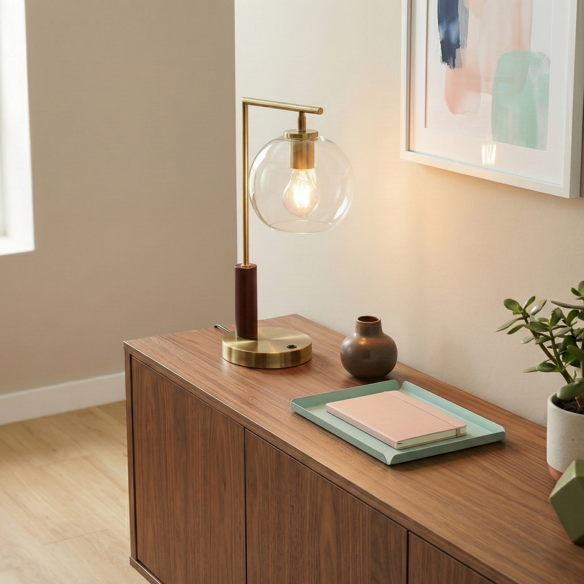 Wander Table Lamp | Bronze Right Angle Frame and Glass Globe
