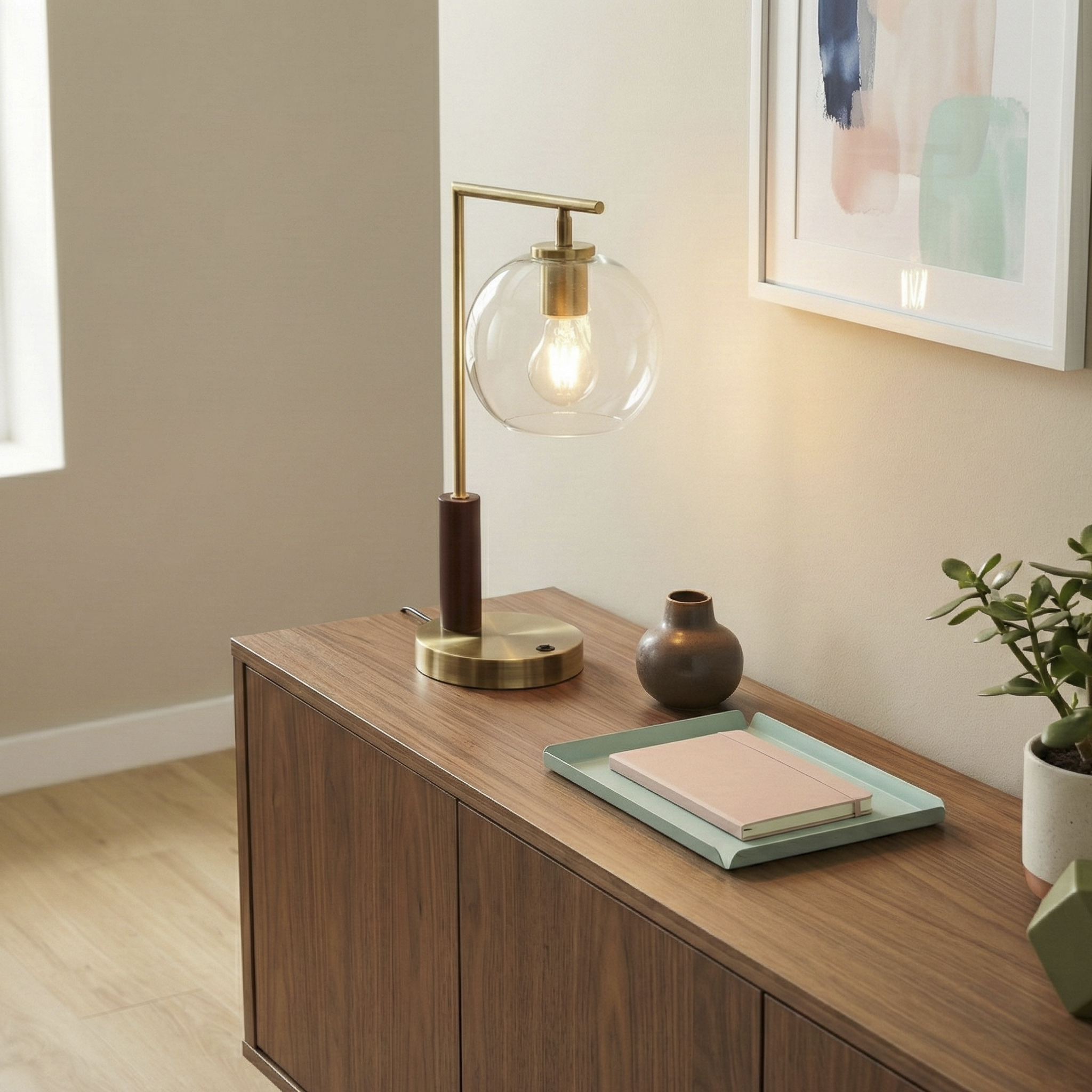 Wander Table Lamp | Bronze Right Angle Frame and Glass Globe