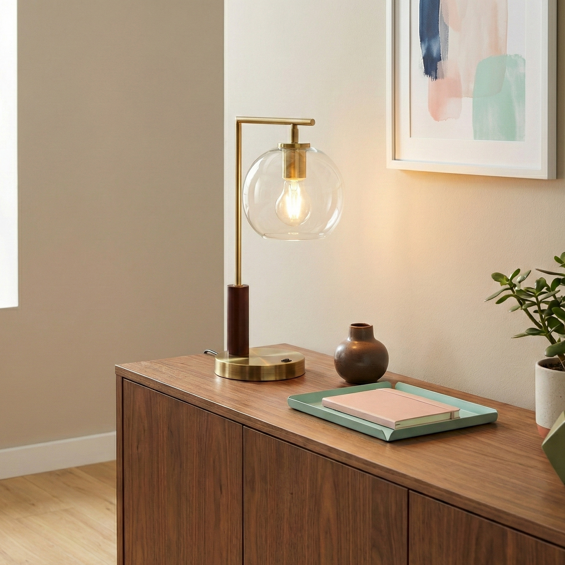 Wander Table Lamp | Bronze Right Angle Frame and Glass Globe