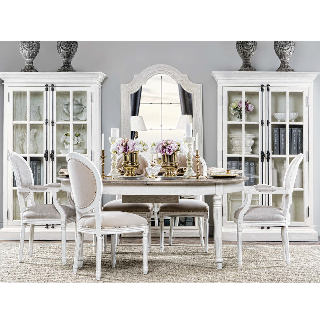 French Antique White Oval Extendable Dining Table 72"