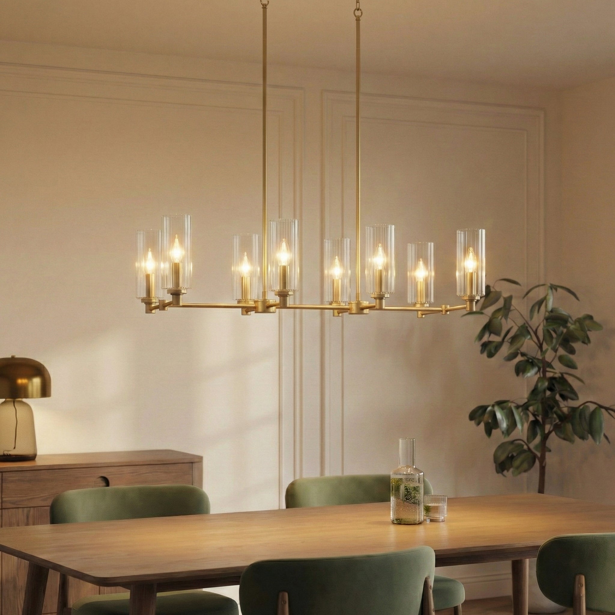 Willow Eight Lights Island Pendant | Satin Brass and Clear Ribbed Glass