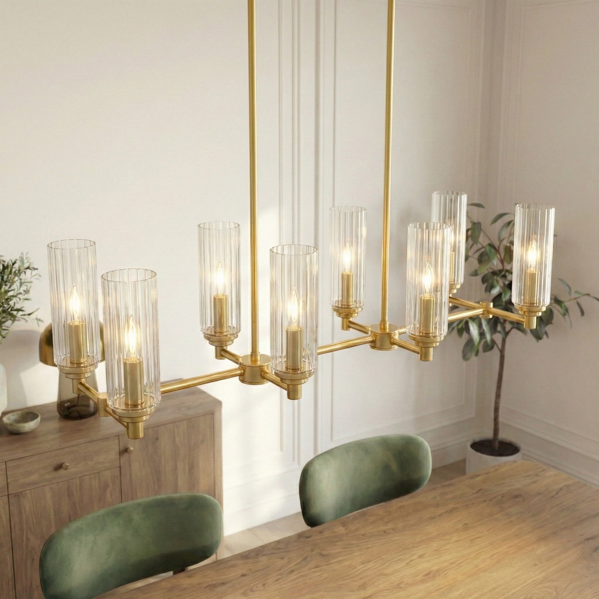 Willow Eight Lights Island Pendant | Satin Brass and Clear Ribbed Glass