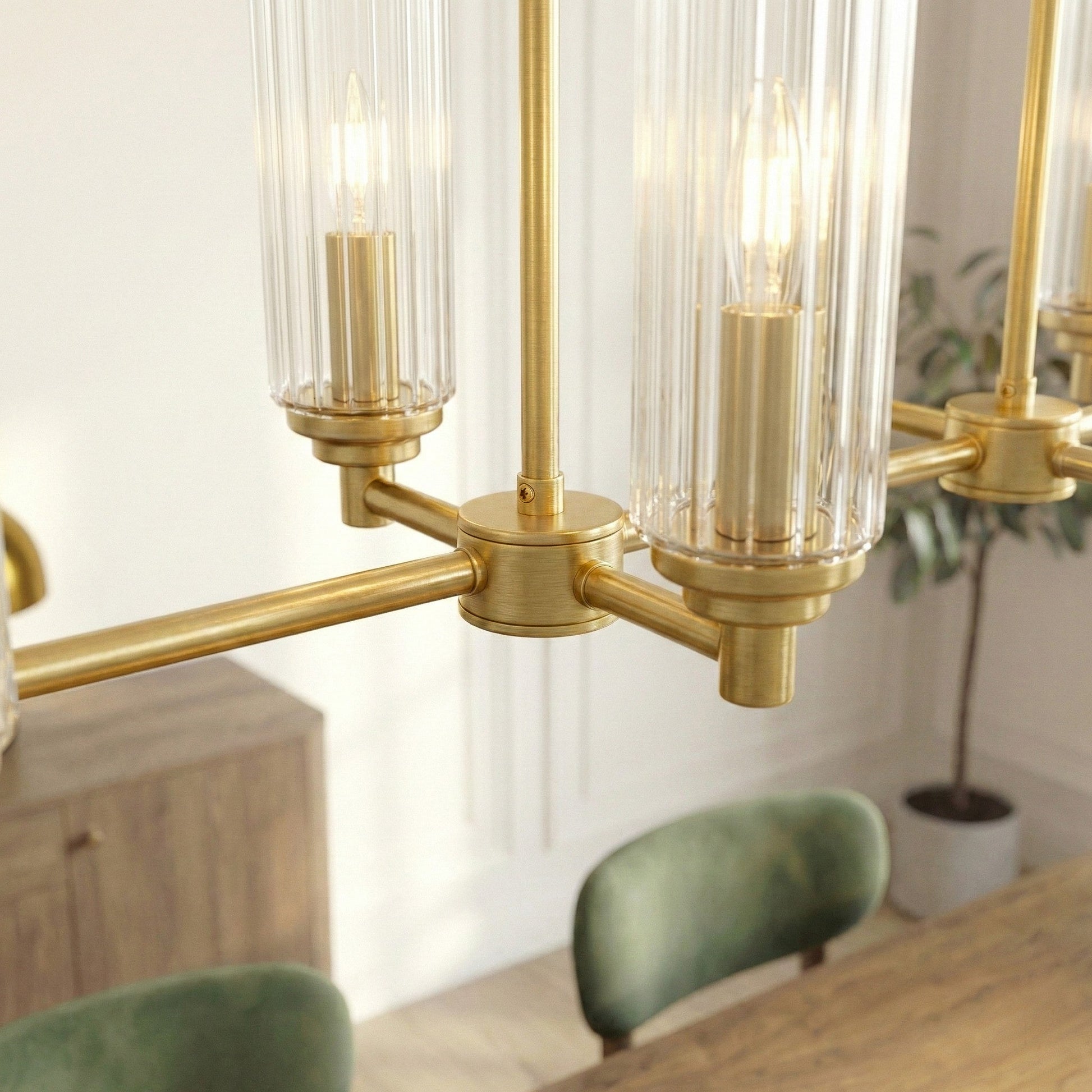 Willow Eight Lights Island Pendant | Satin Brass and Clear Ribbed Glass