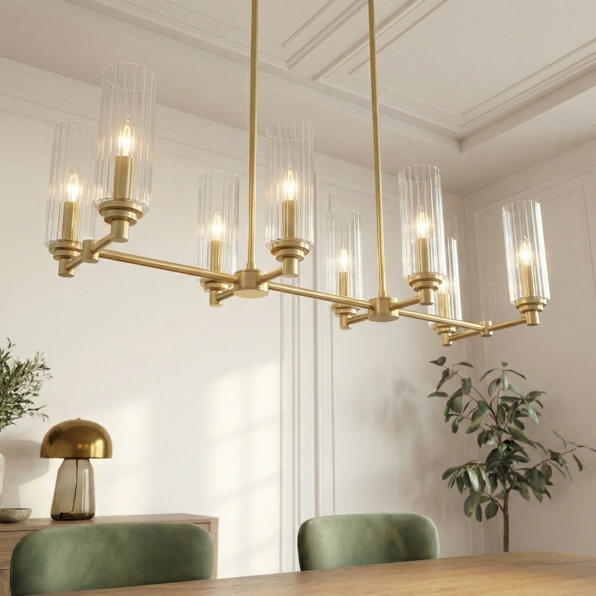 Willow Eight Lights Island Pendant | Satin Brass and Clear Ribbed Glass